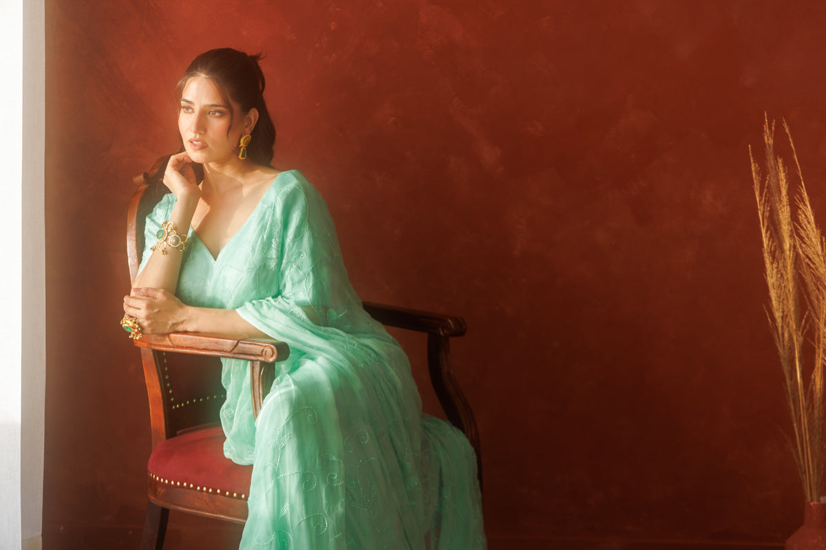 Sea Green Chiffon Hand Embroidered Sequins Jaal Saree