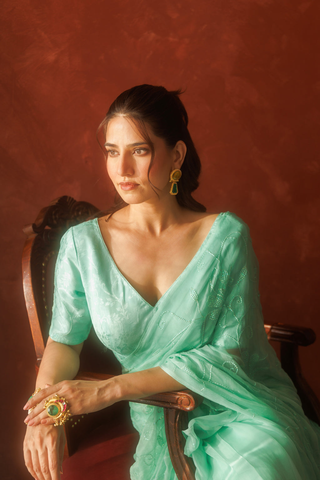 Sea Green Chiffon Hand Embroidered Sequins Jaal Saree