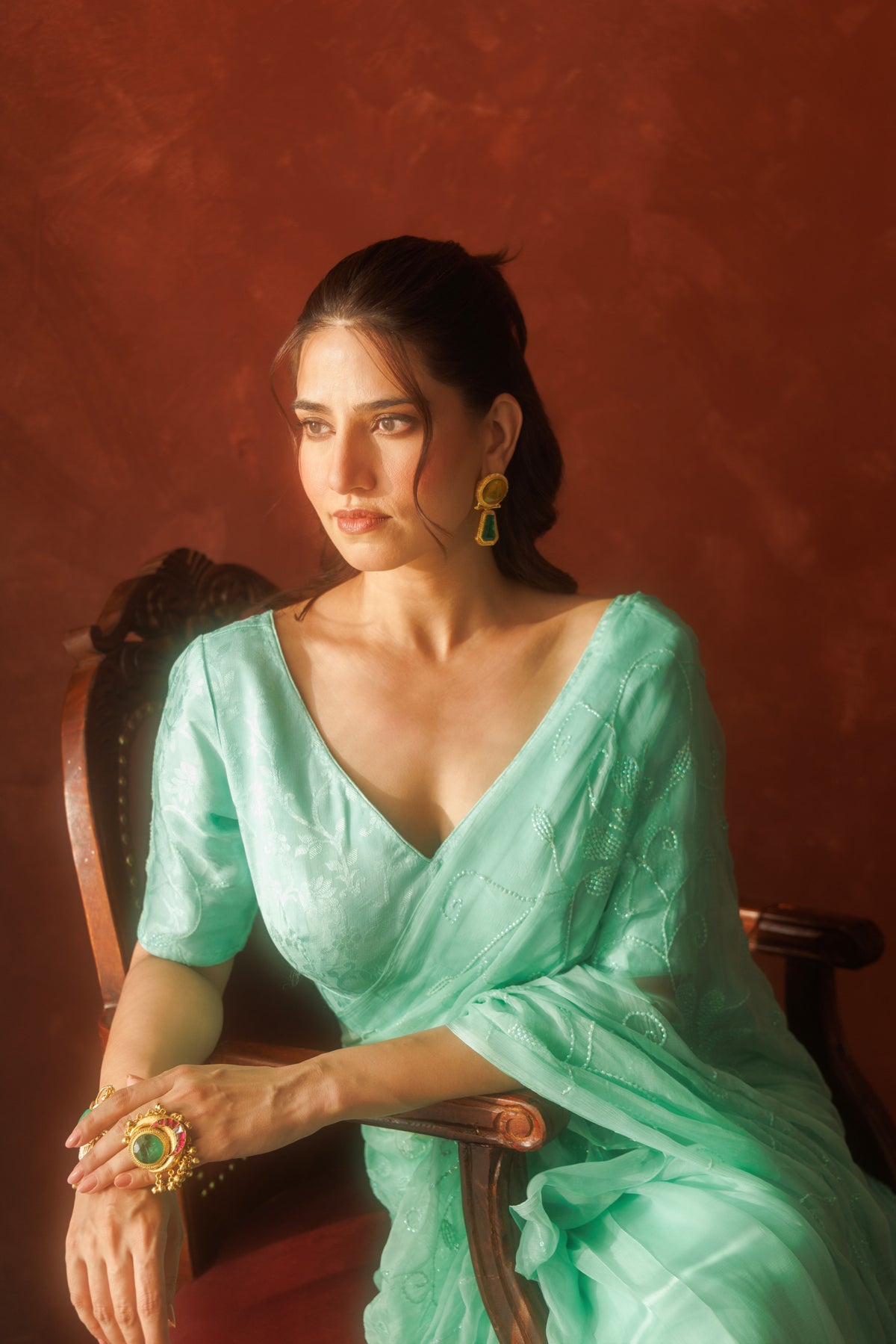 Sea Green Chiffon Hand Embroidered Sequins Jaal Saree