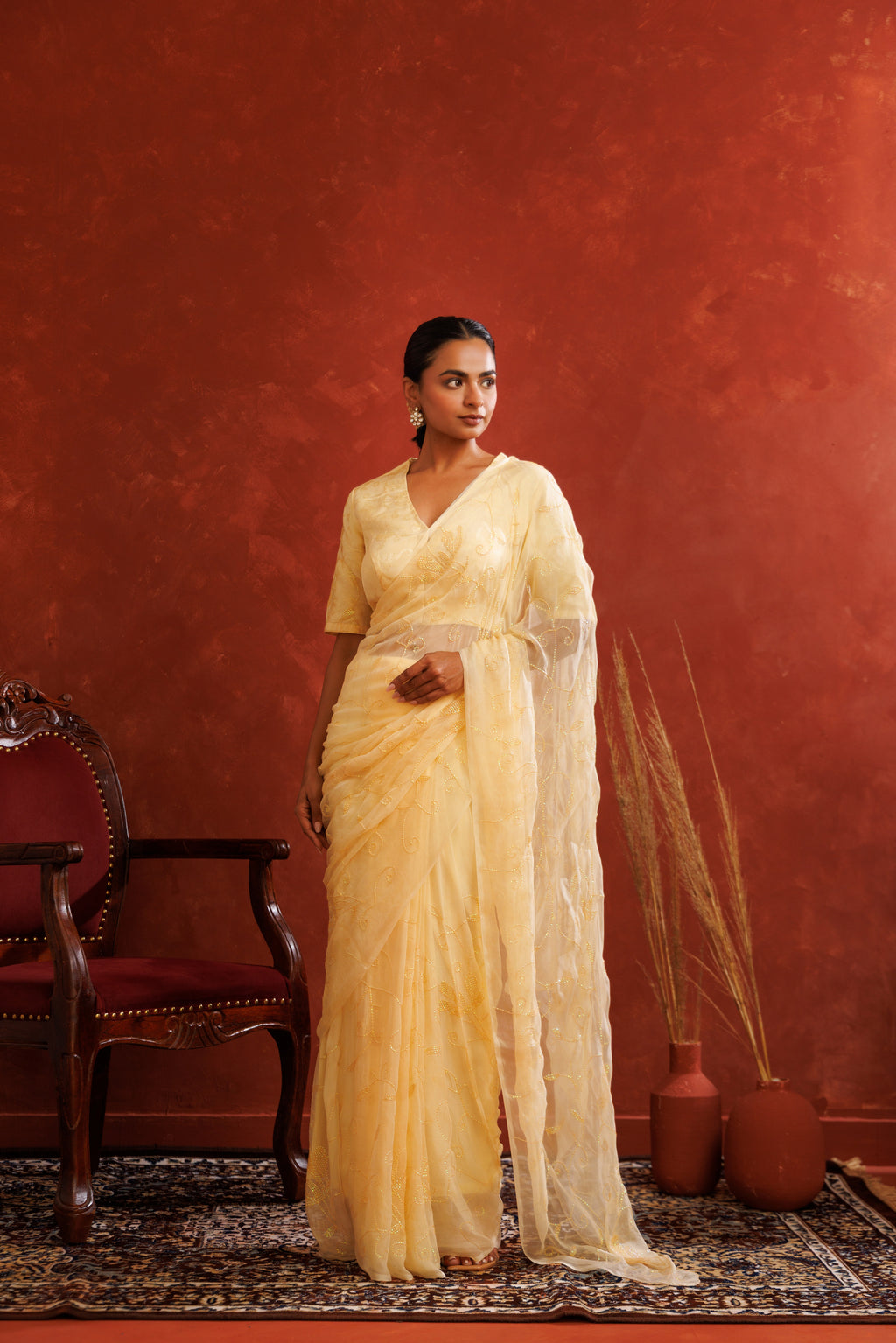 Beige Chiffon Hand Embroidered Sequins Jaal Saree