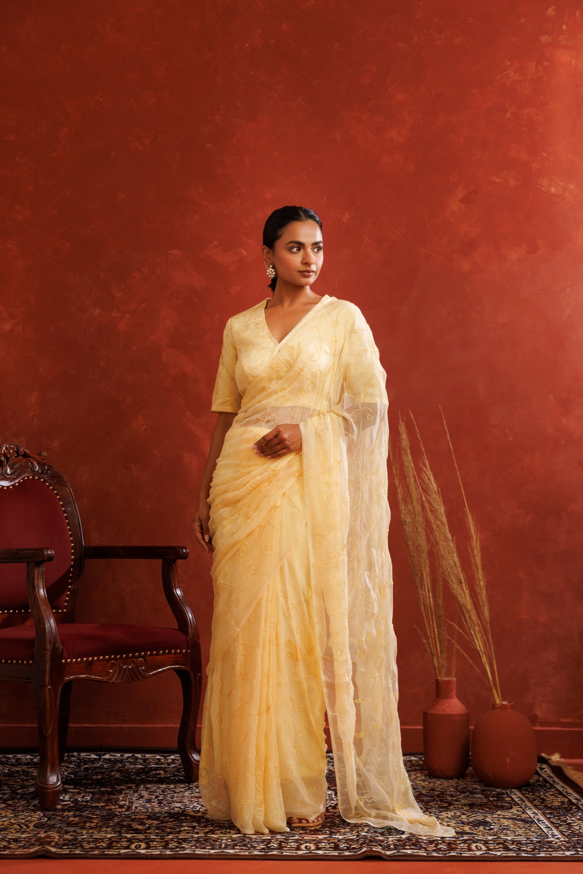 Beige Chiffon Hand Embroidered Sequins Jaal Saree