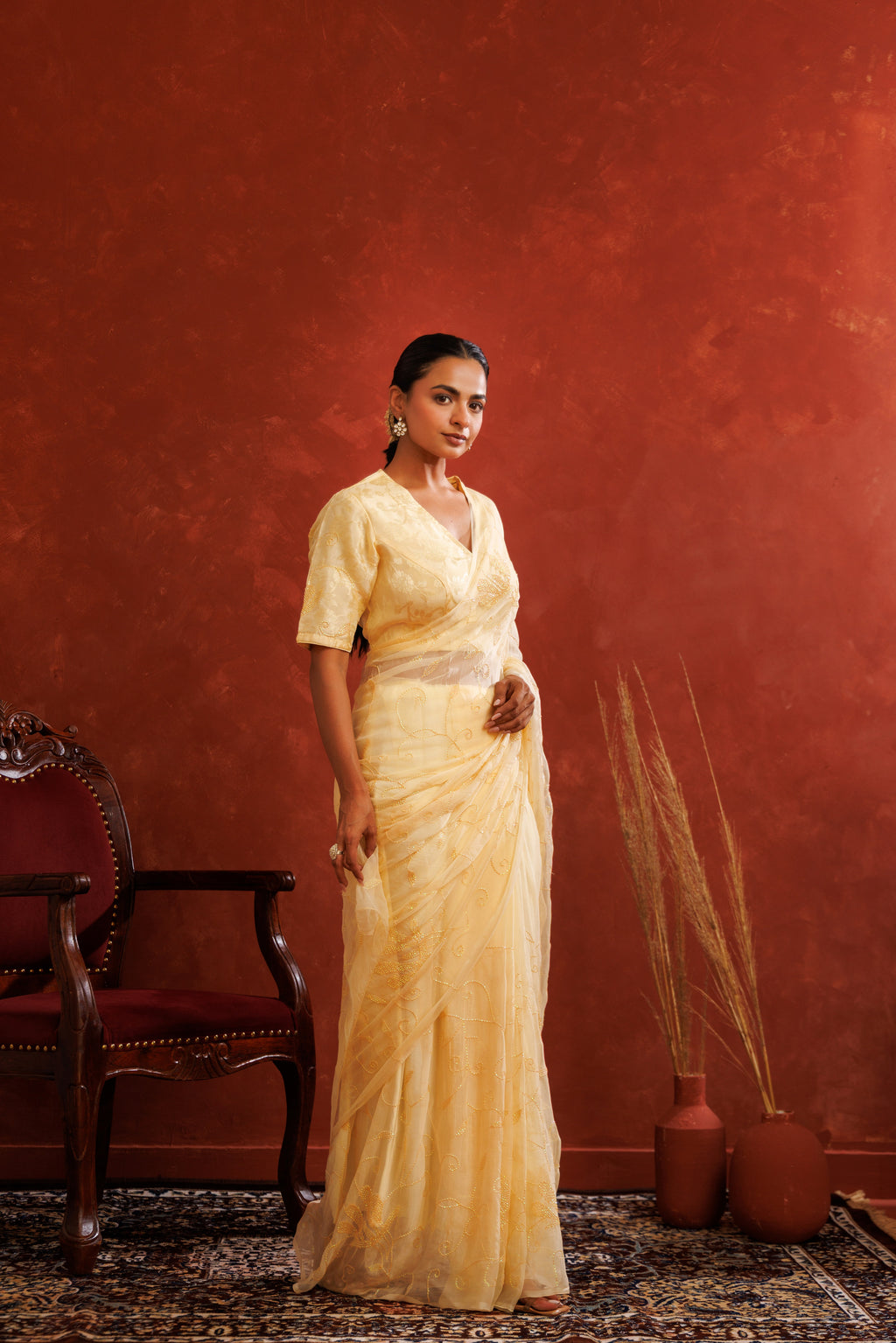 Beige Chiffon Hand Embroidered Sequins Jaal Saree