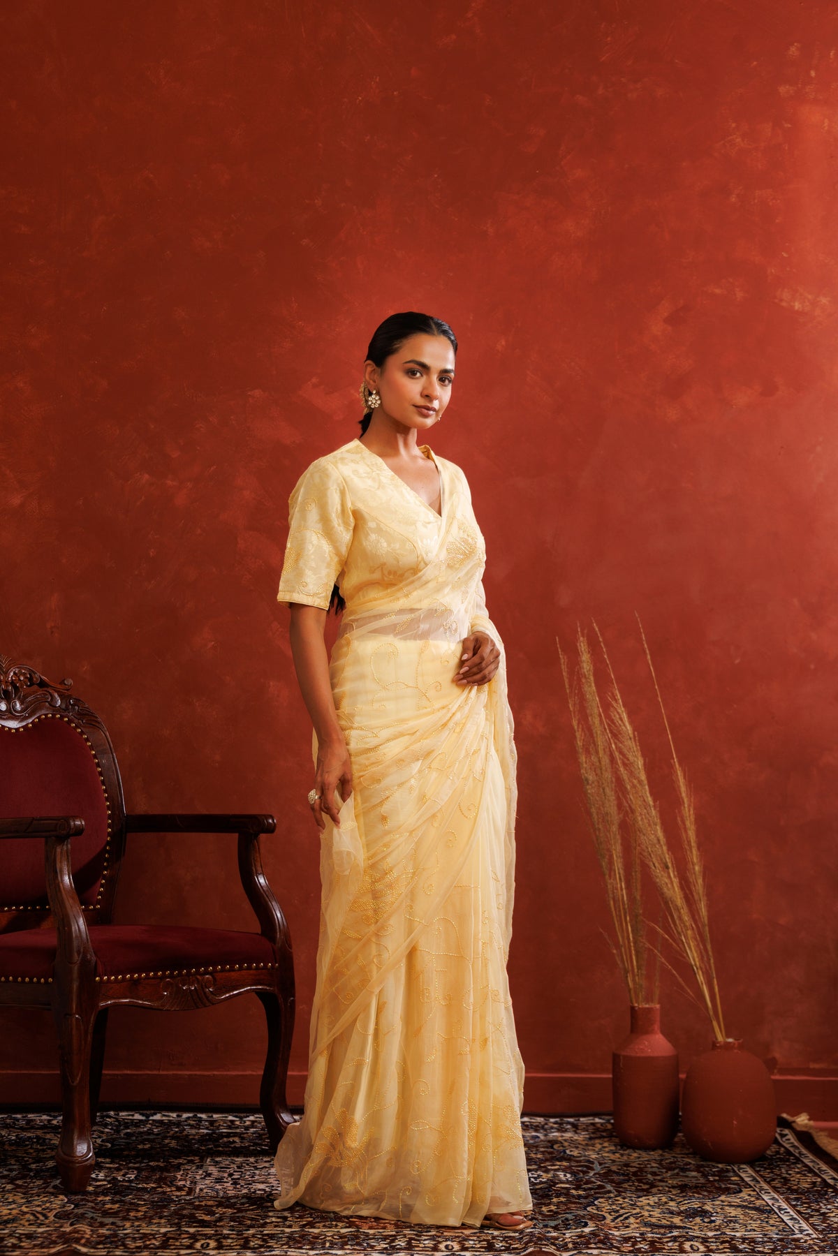 Beige Chiffon Hand Embroidered Sequins Jaal Saree