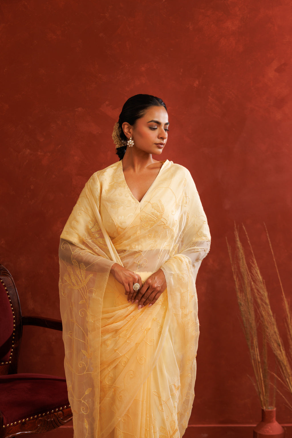 Beige Chiffon Hand Embroidered Sequins Jaal Saree