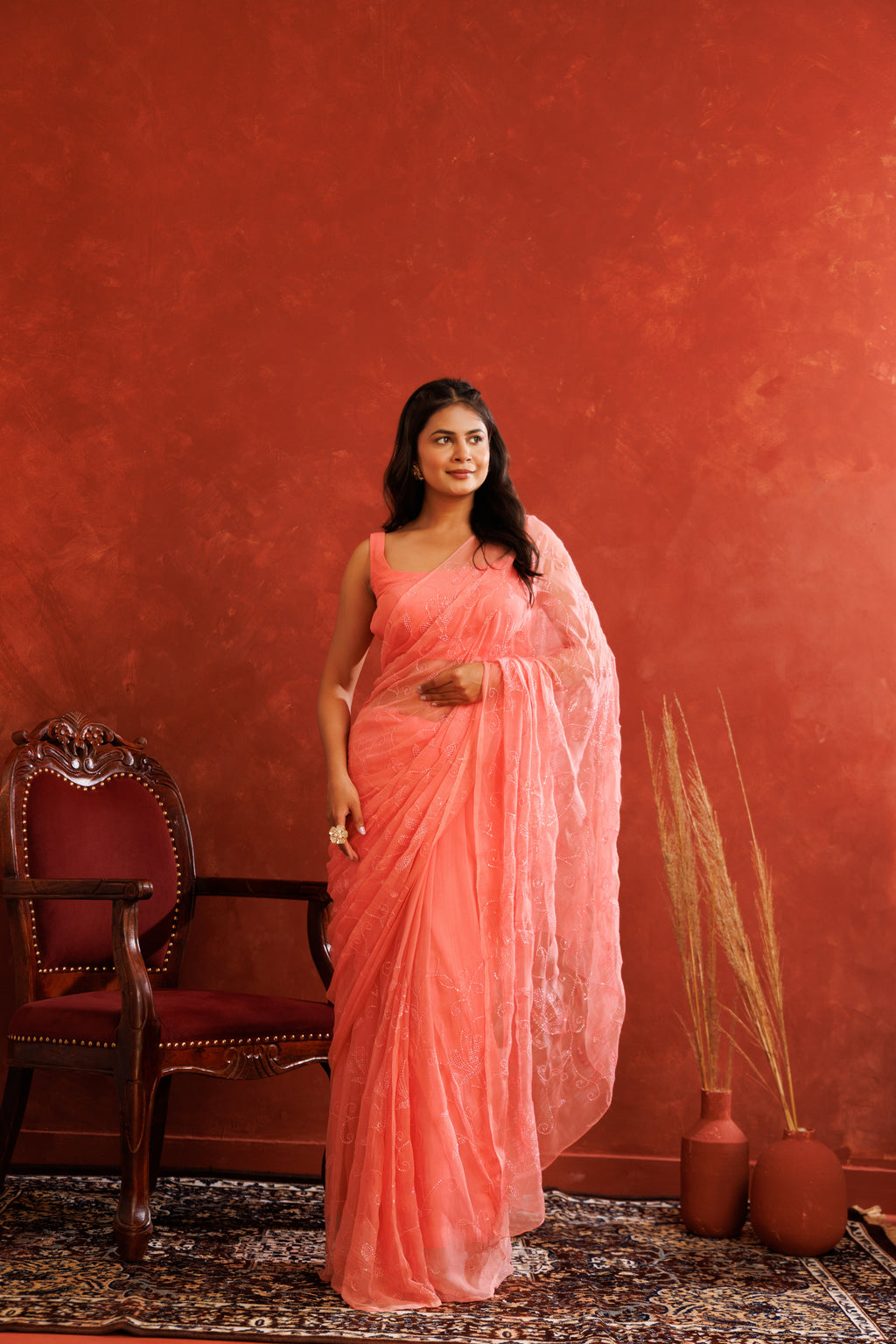 Pink Handcrafted Sequin Jaal Chiffon Saree