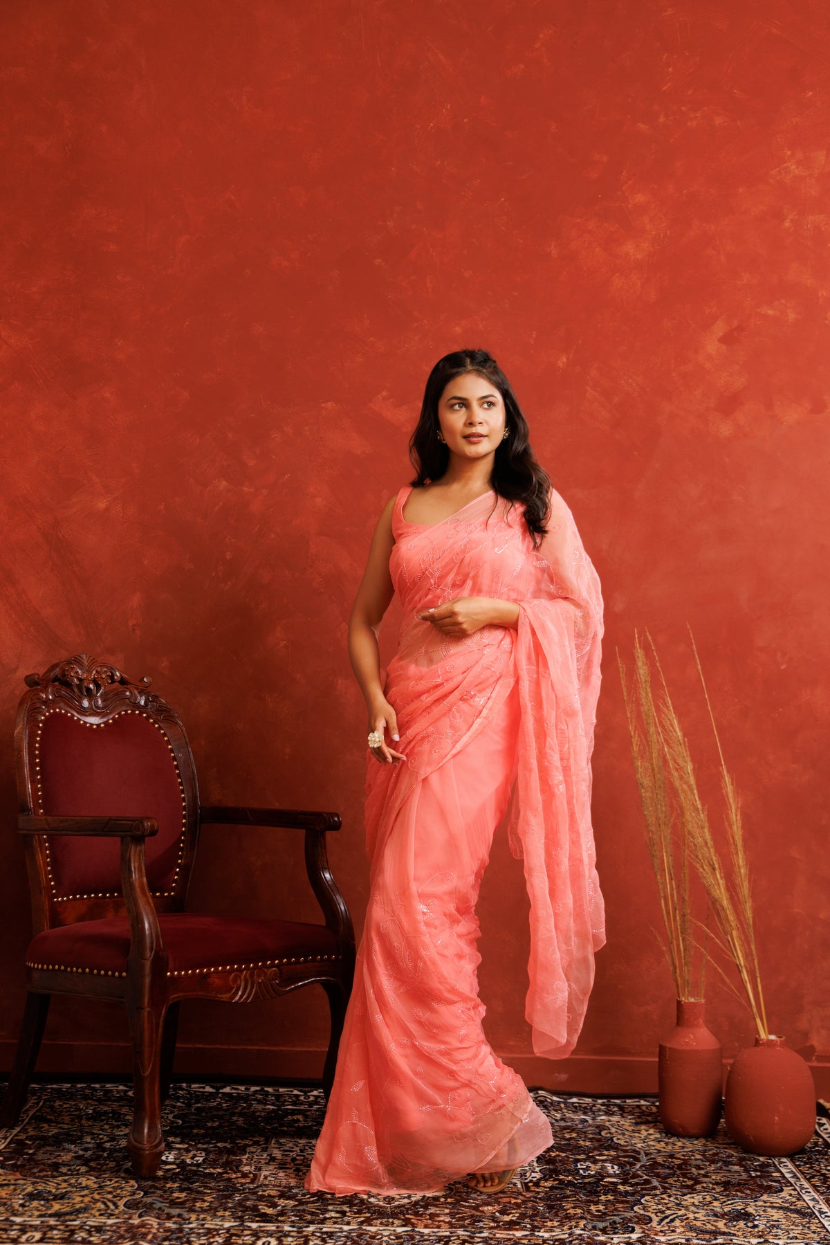 Pink Handcrafted Sequin Jaal Chiffon Saree