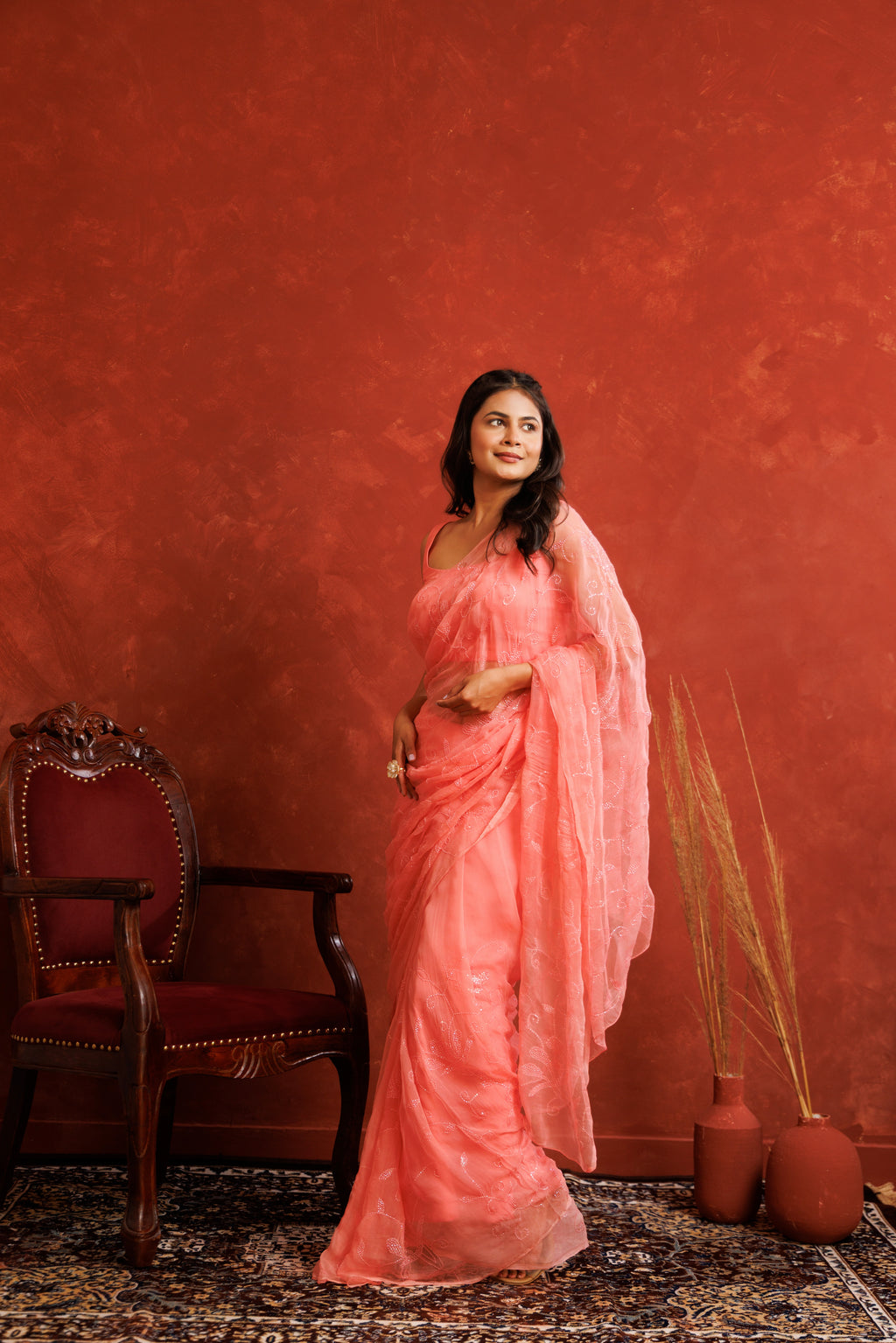 Pink Handcrafted Sequin Jaal Chiffon Saree