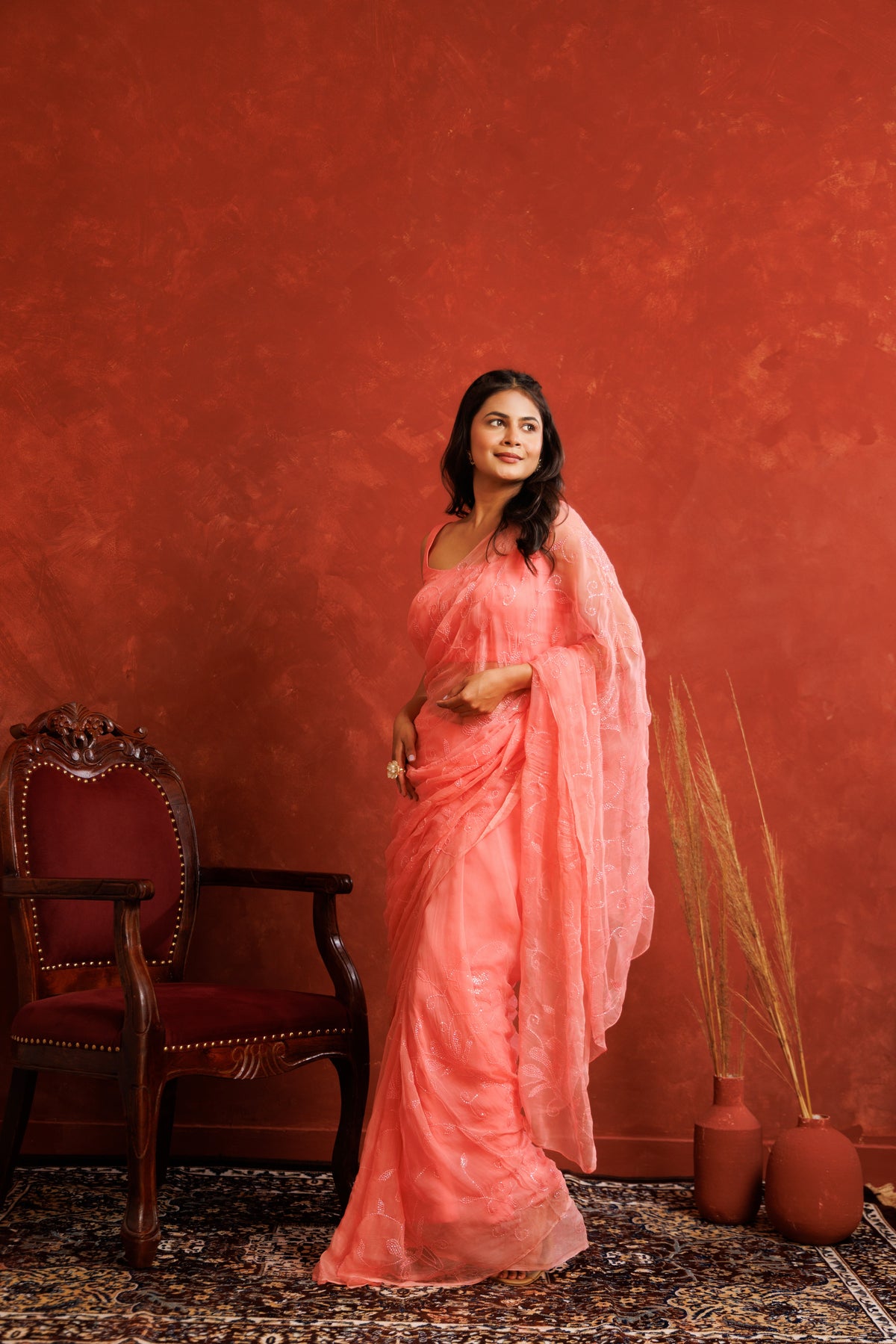 Pink Handcrafted Sequin Jaal Chiffon Saree