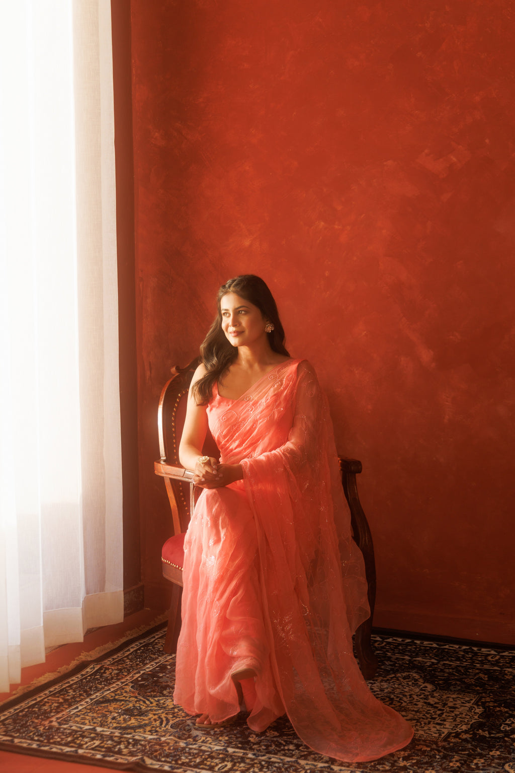 Pink Handcrafted Sequin Jaal Chiffon Saree
