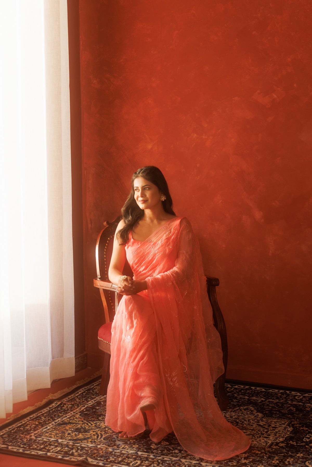 Pink Handcrafted Sequin Jaal Chiffon Saree