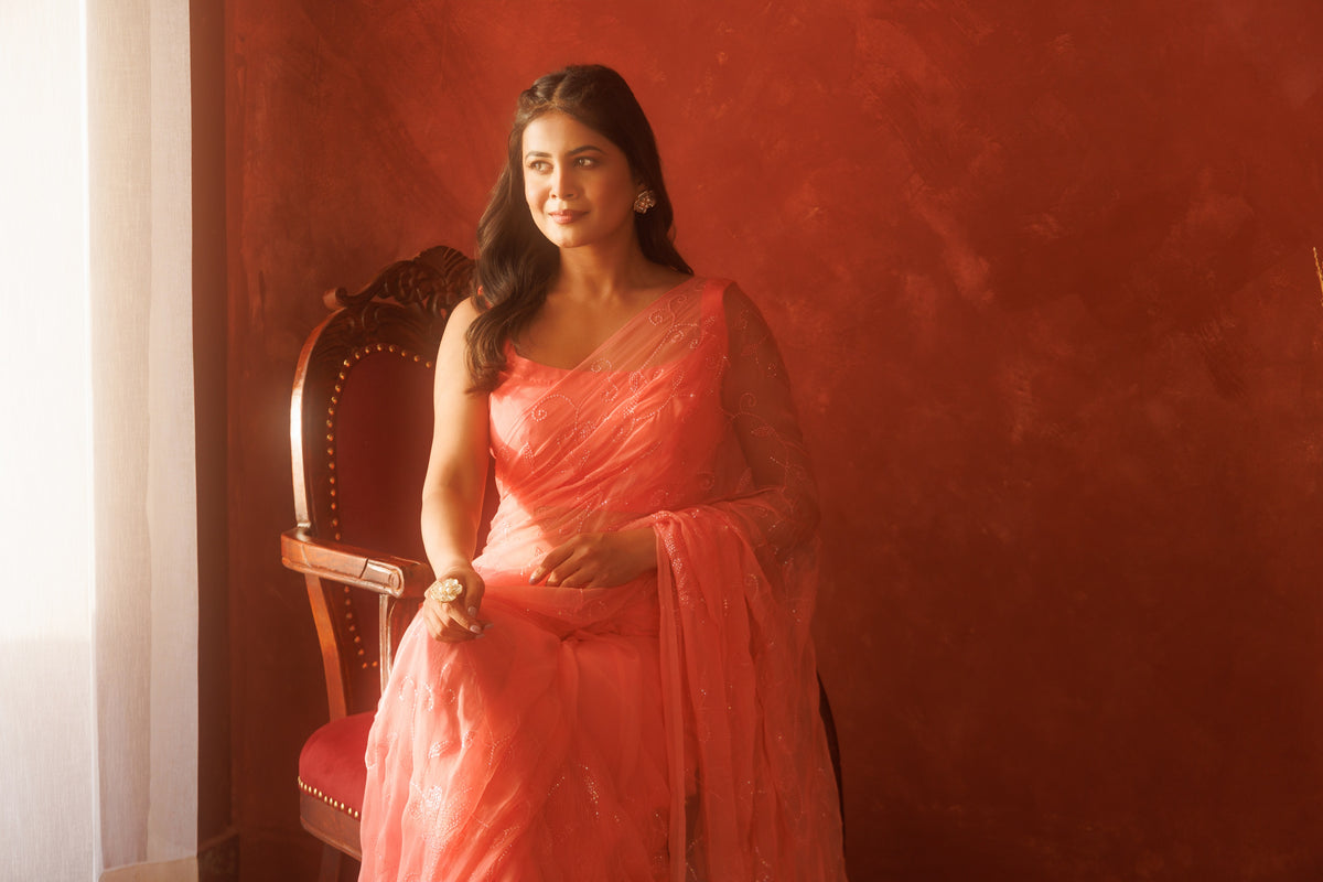 Pink Handcrafted Sequin Jaal Chiffon Saree