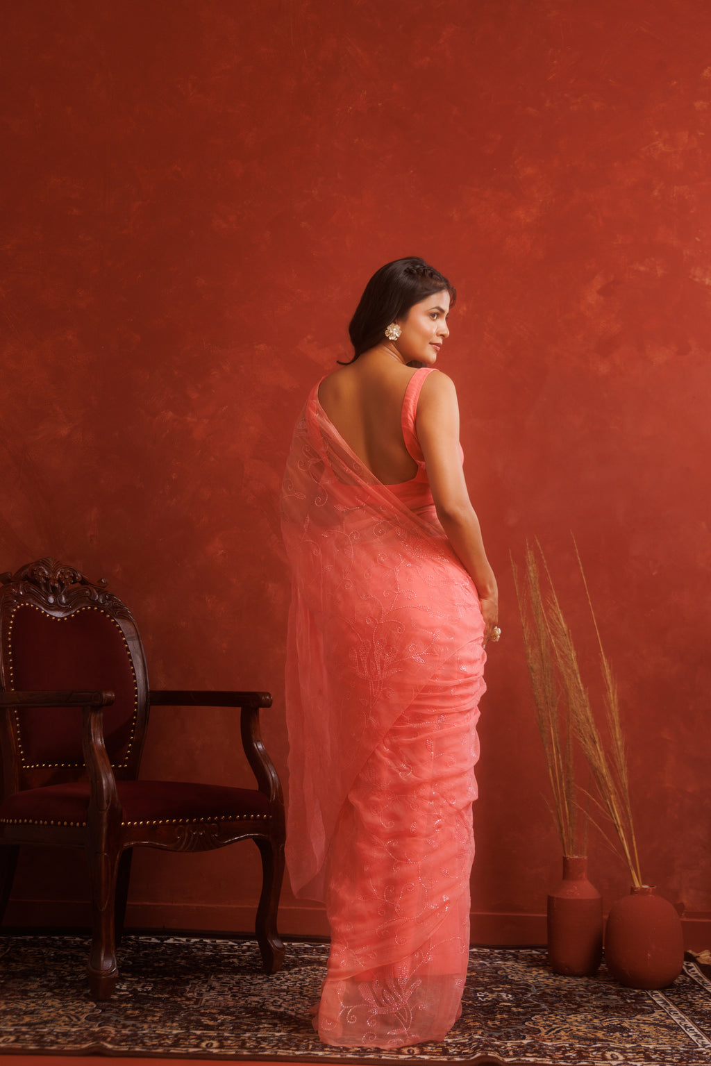 Pink Handcrafted Sequin Jaal Chiffon Saree