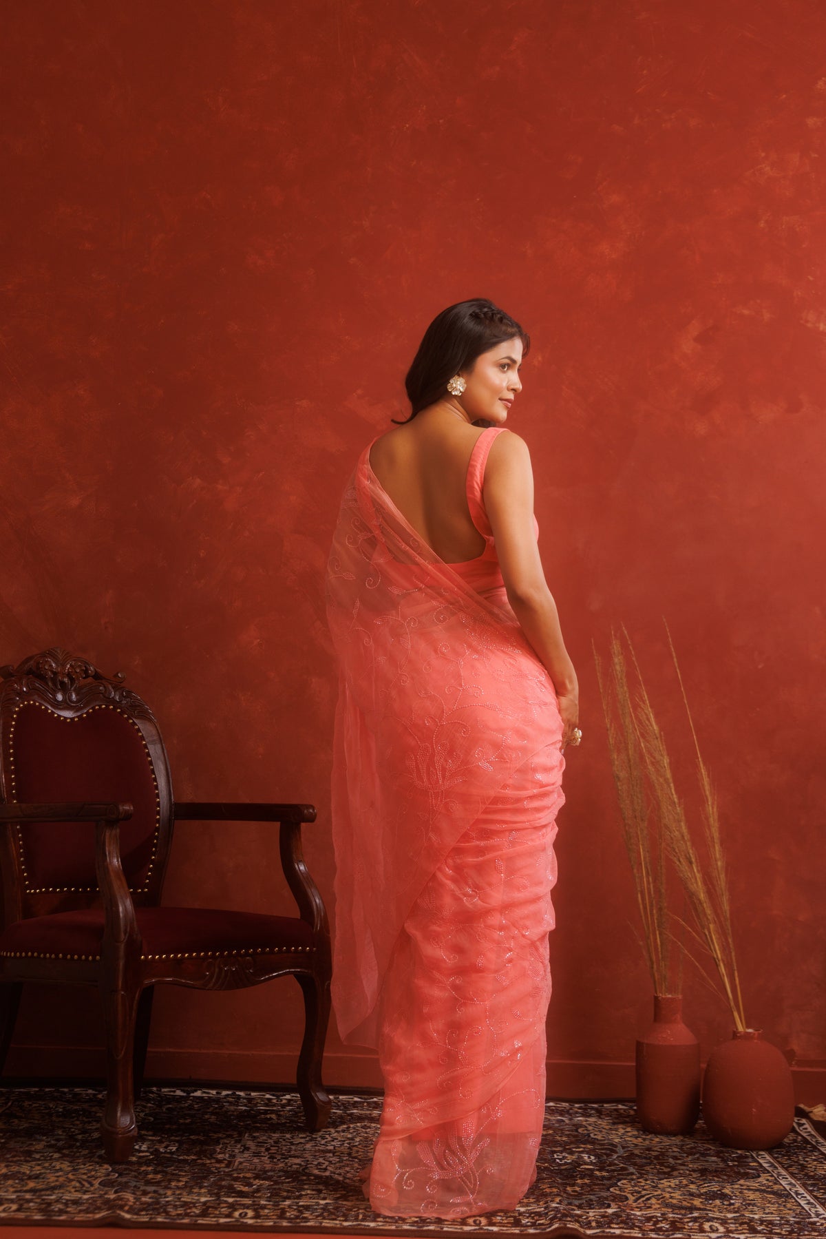 Pink Handcrafted Sequin Jaal Chiffon Saree