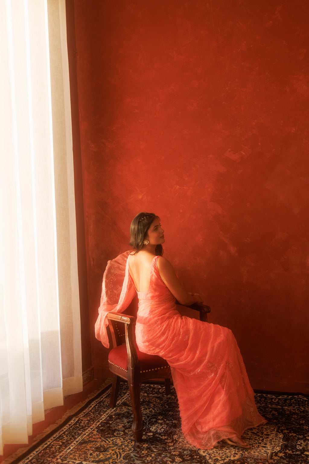 Pink Handcrafted Sequin Jaal Chiffon Saree