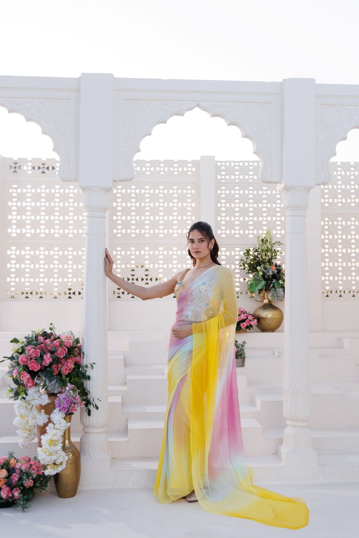 Yellow Shaded Chiffon Mukaish Saree