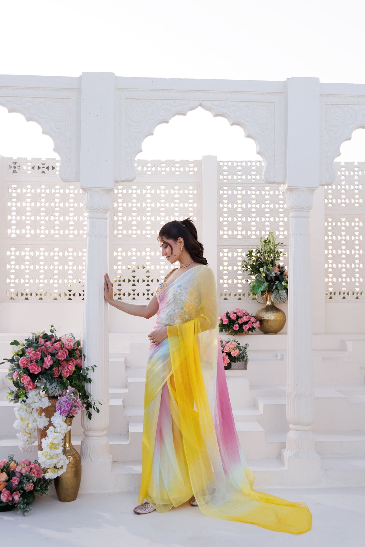 Yellow Shaded Chiffon Mukaish Saree