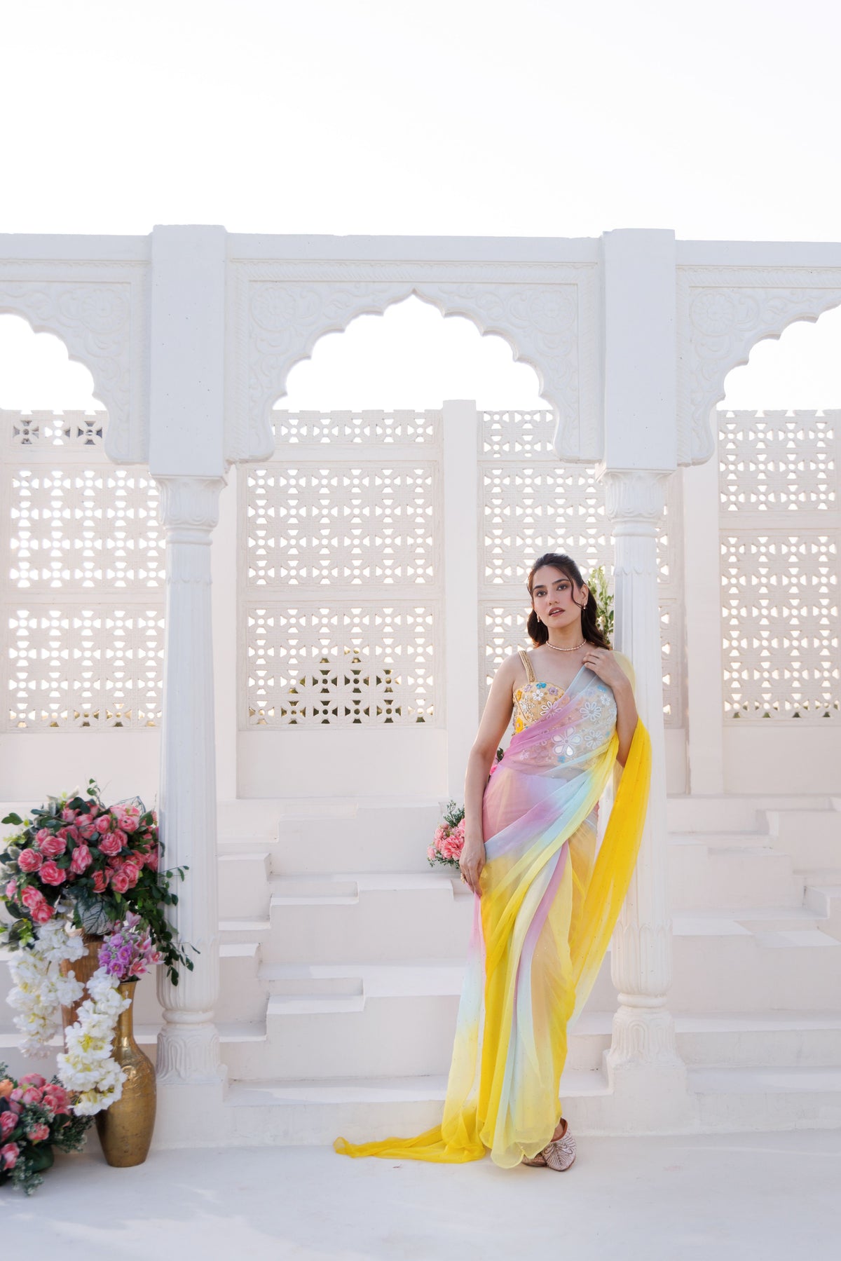 Yellow Shaded Chiffon Mukaish Saree