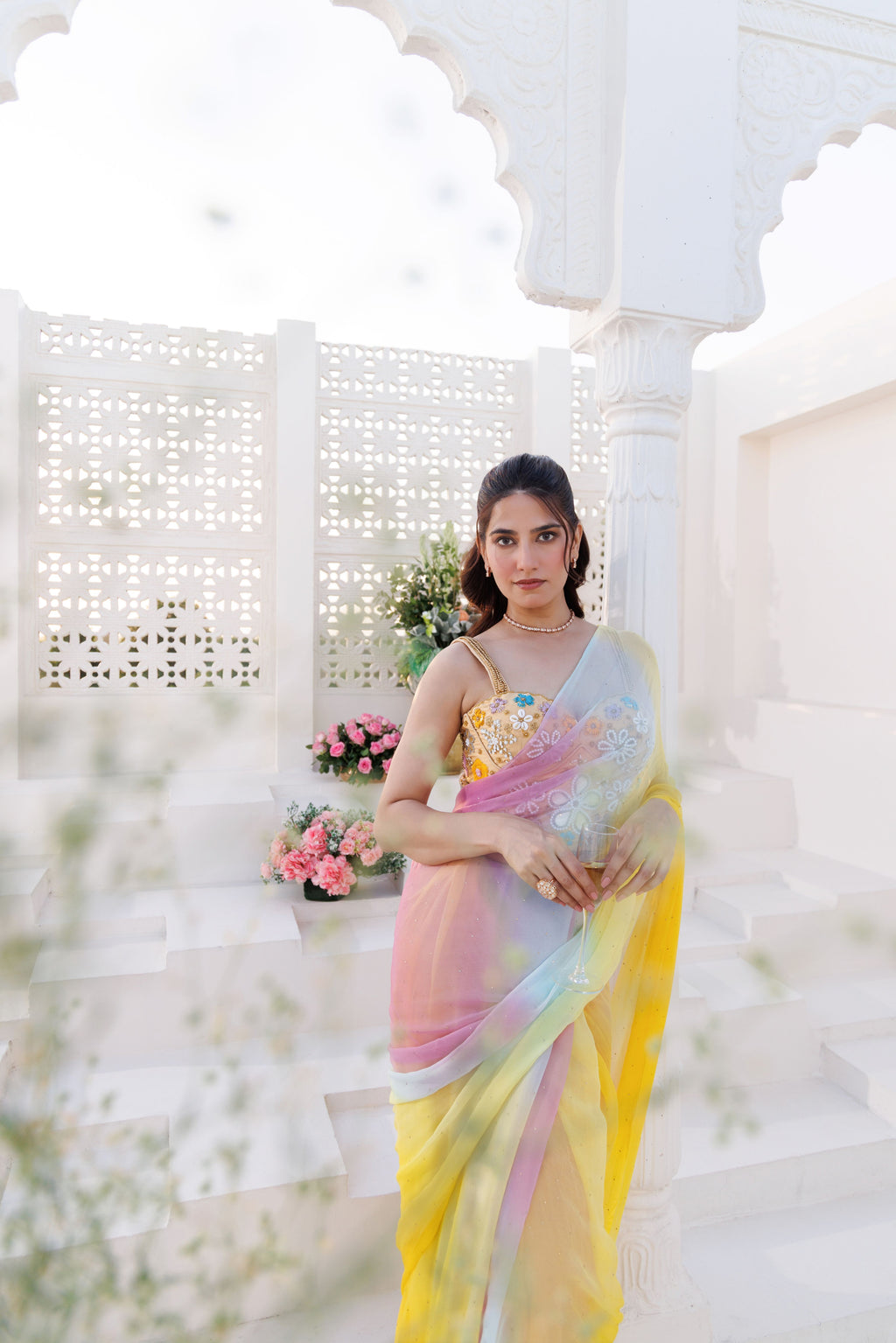 Yellow Shaded Chiffon Mukaish Saree