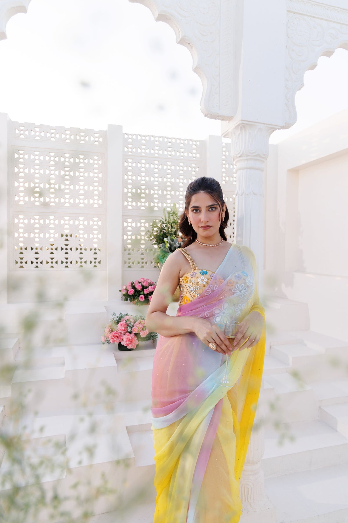 Yellow Shaded Chiffon Mukaish Saree
