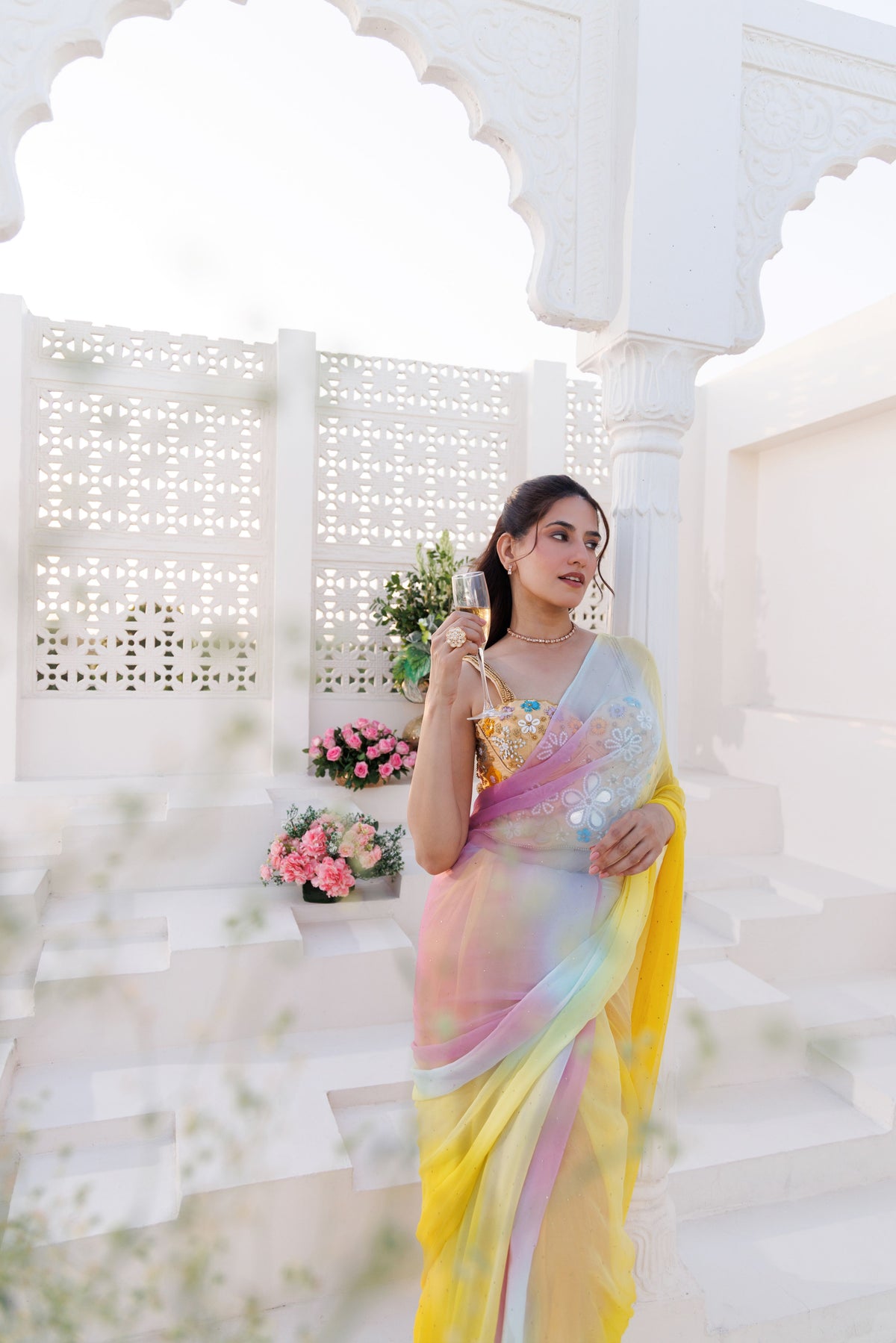 Yellow Shaded Chiffon Mukaish Saree