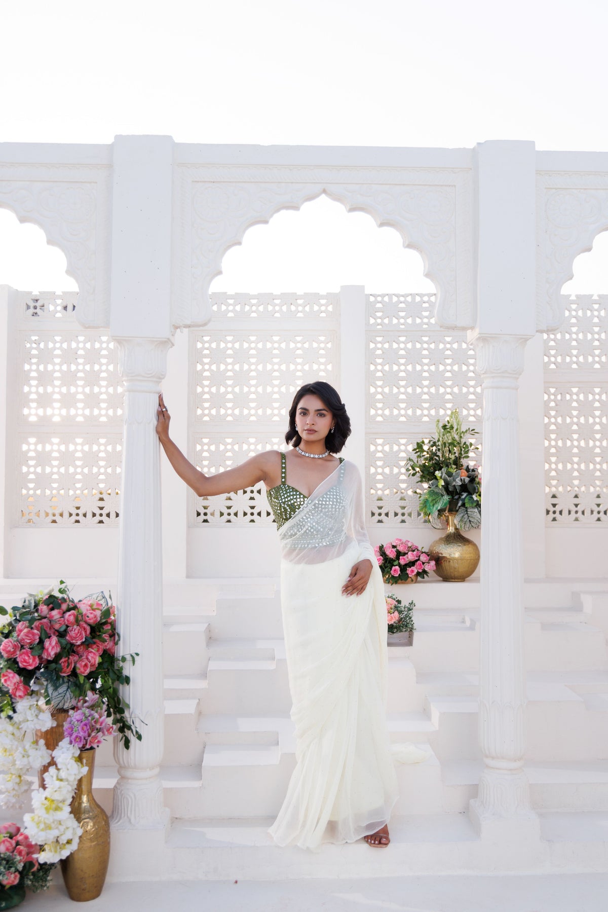 Off White Chiffon Mukaish Saree
