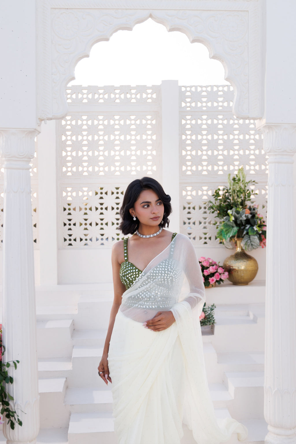 Off White Chiffon Mukaish Saree