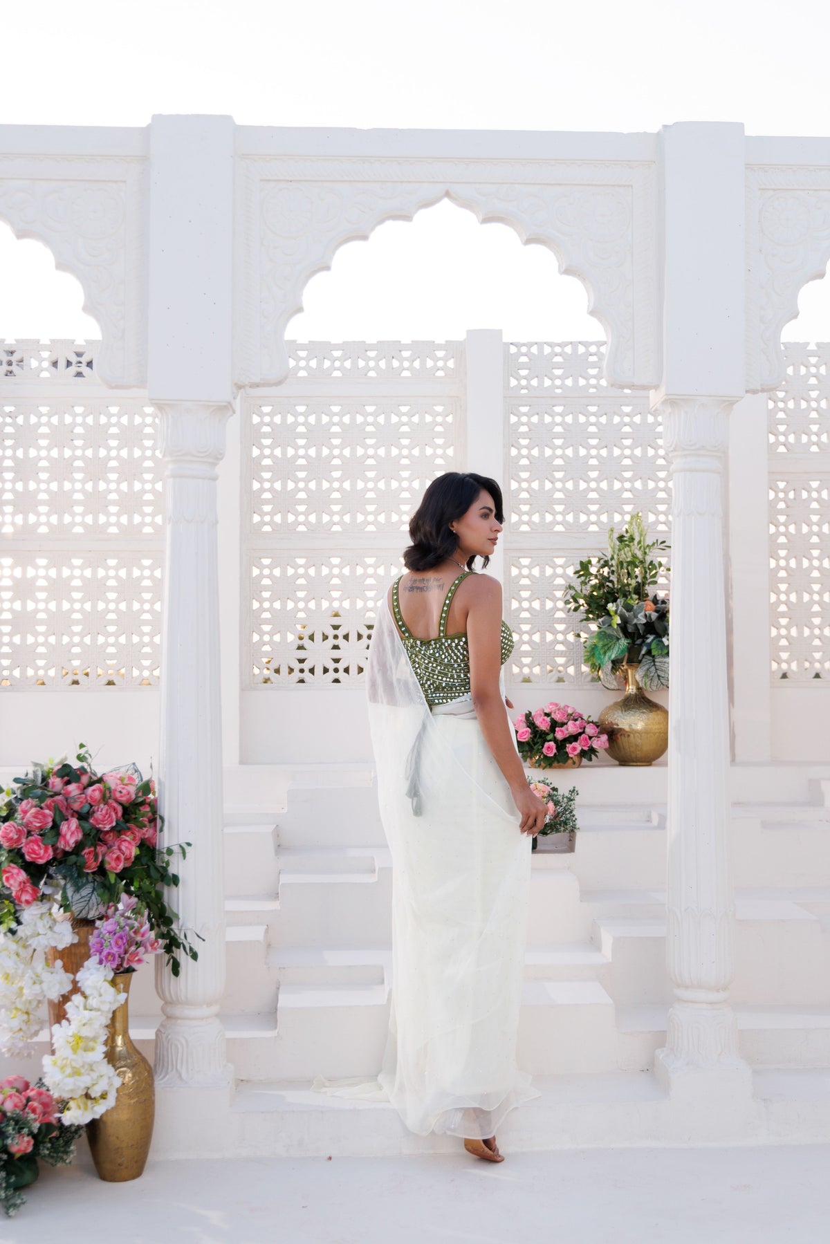 Off White Chiffon Mukaish Saree