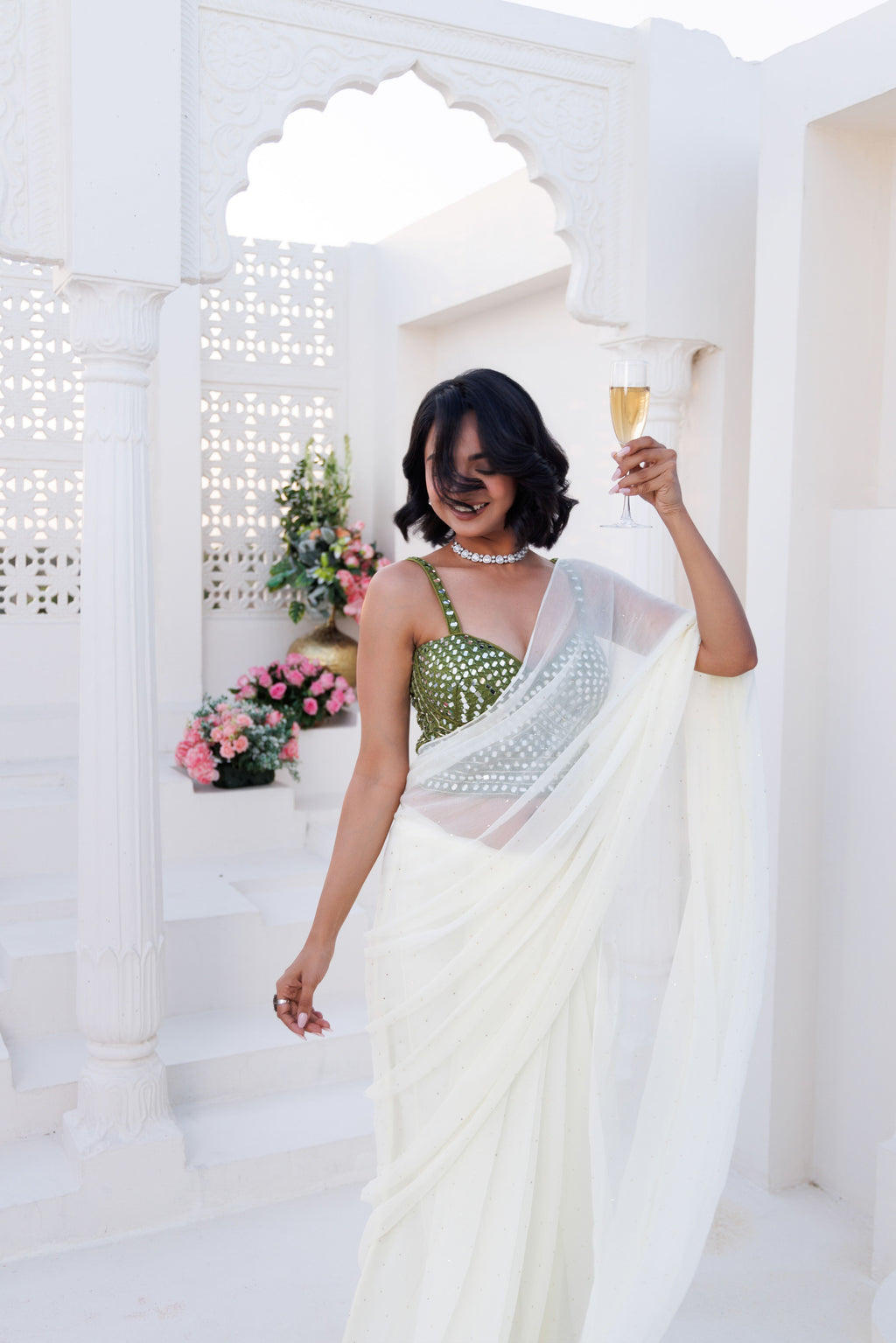 Off White Chiffon Mukaish Saree