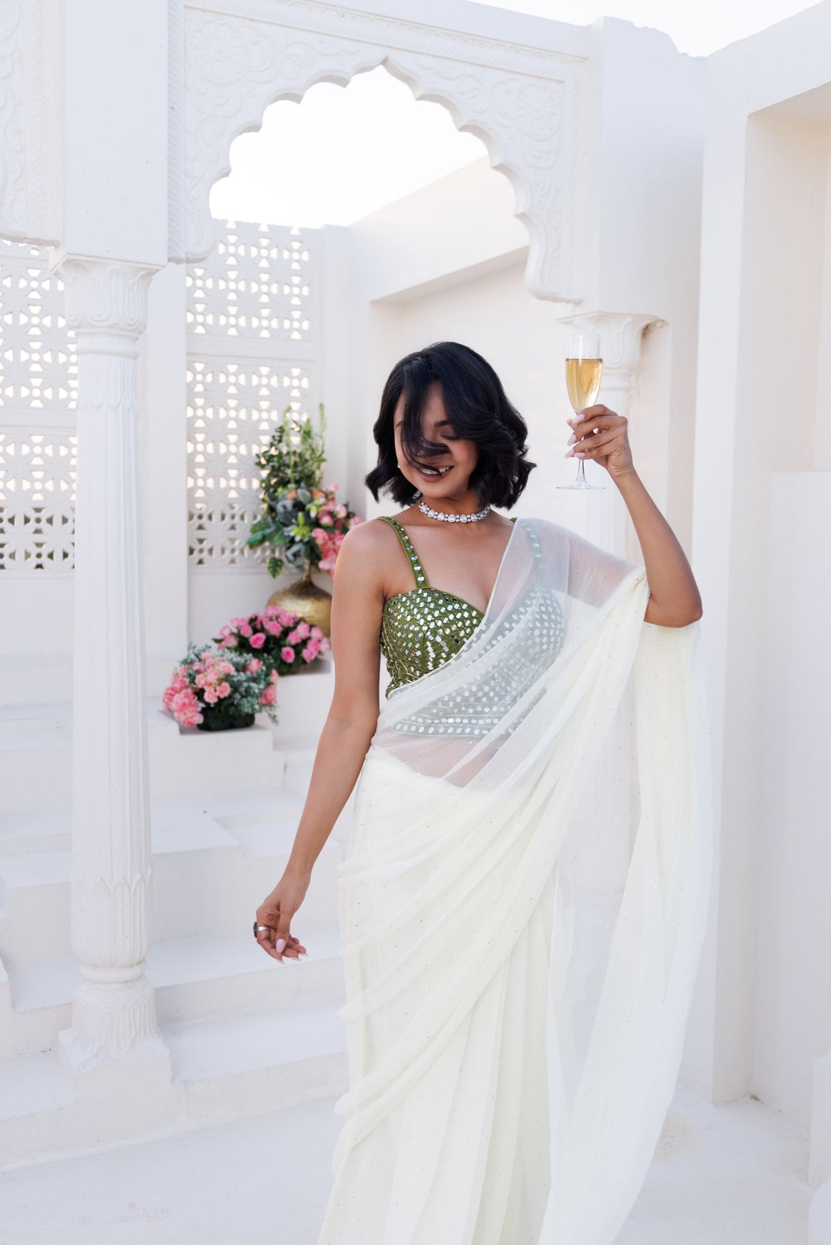 Off White Chiffon Mukaish Saree