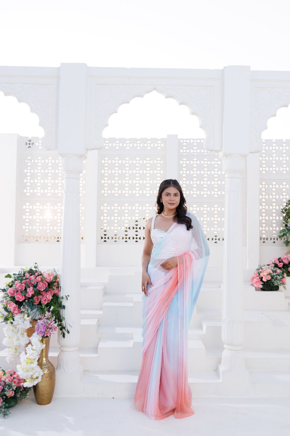Blue & Pink Shaded Chiffon Mukaish Saree
