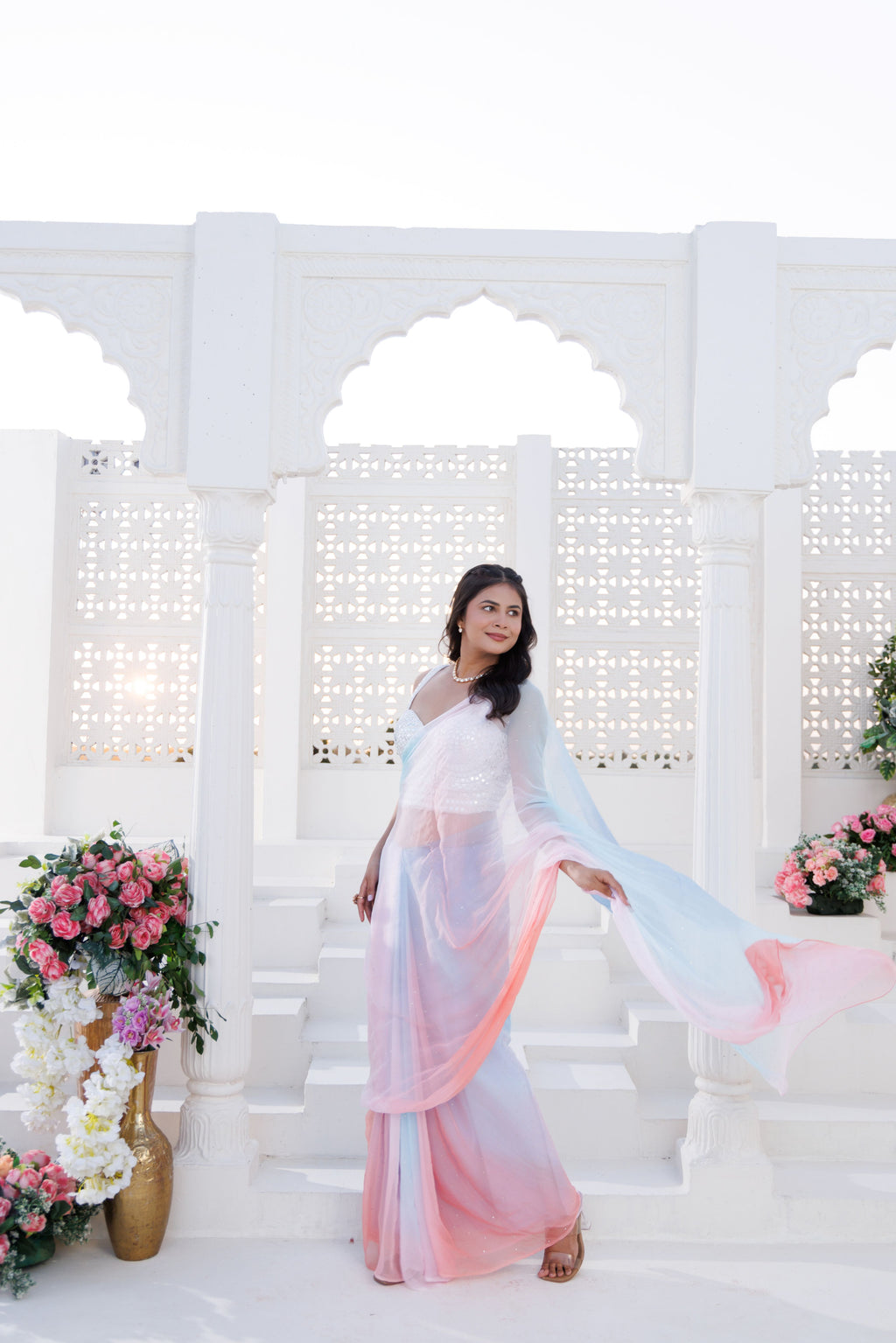 Blue & Pink Shaded Chiffon Mukaish Saree