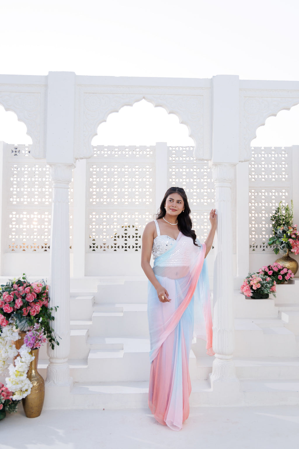 Blue & Pink Shaded Chiffon Mukaish Saree