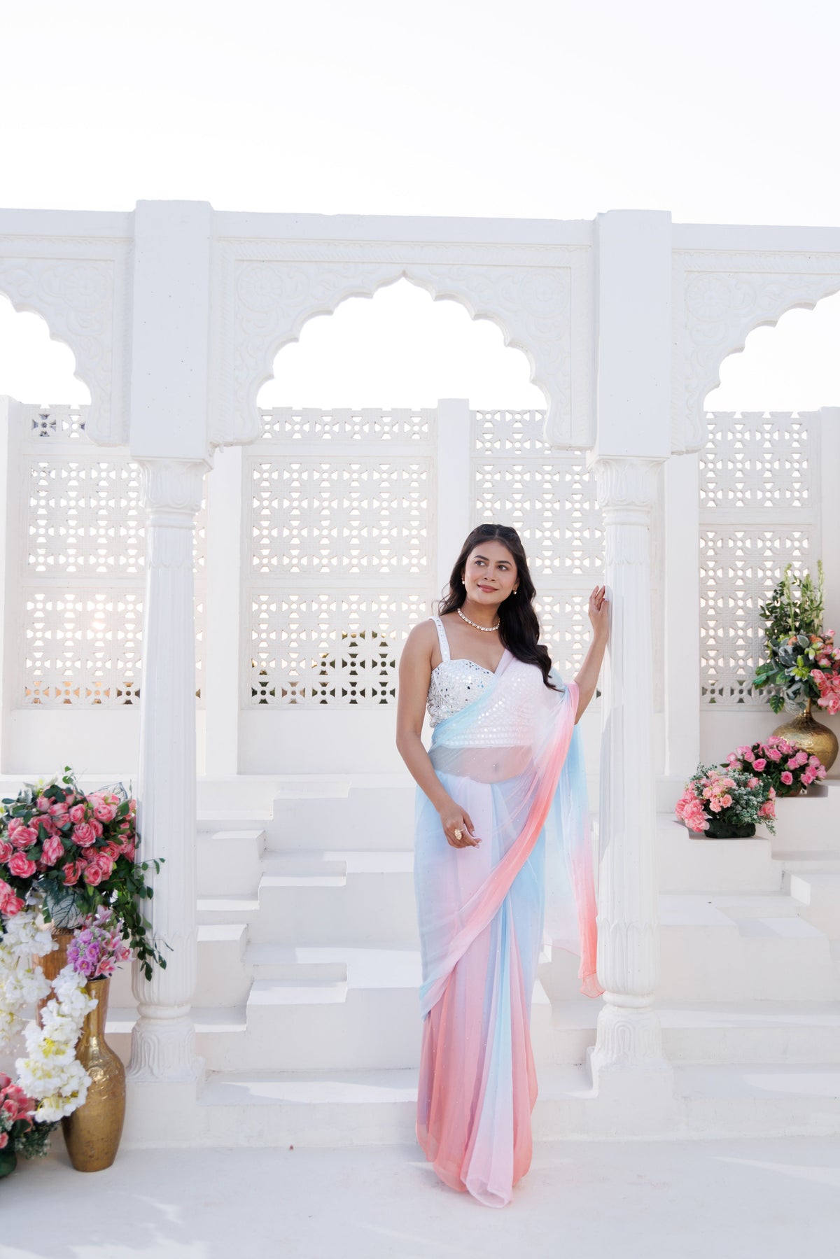 Blue & Pink Shaded Chiffon Mukaish Saree