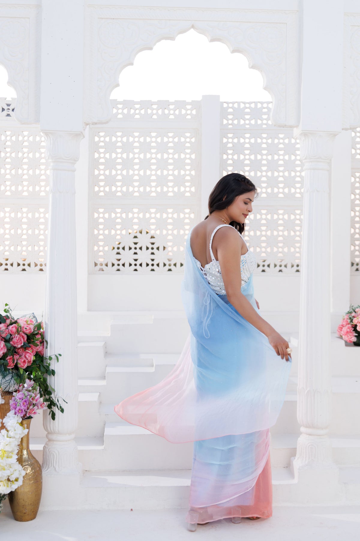 Blue & Pink Shaded Chiffon Mukaish Saree
