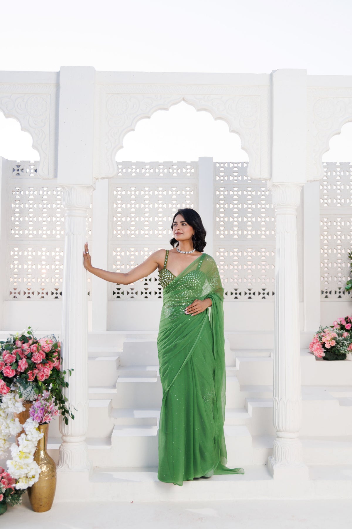 Green Net-Patch Chiffon Saree