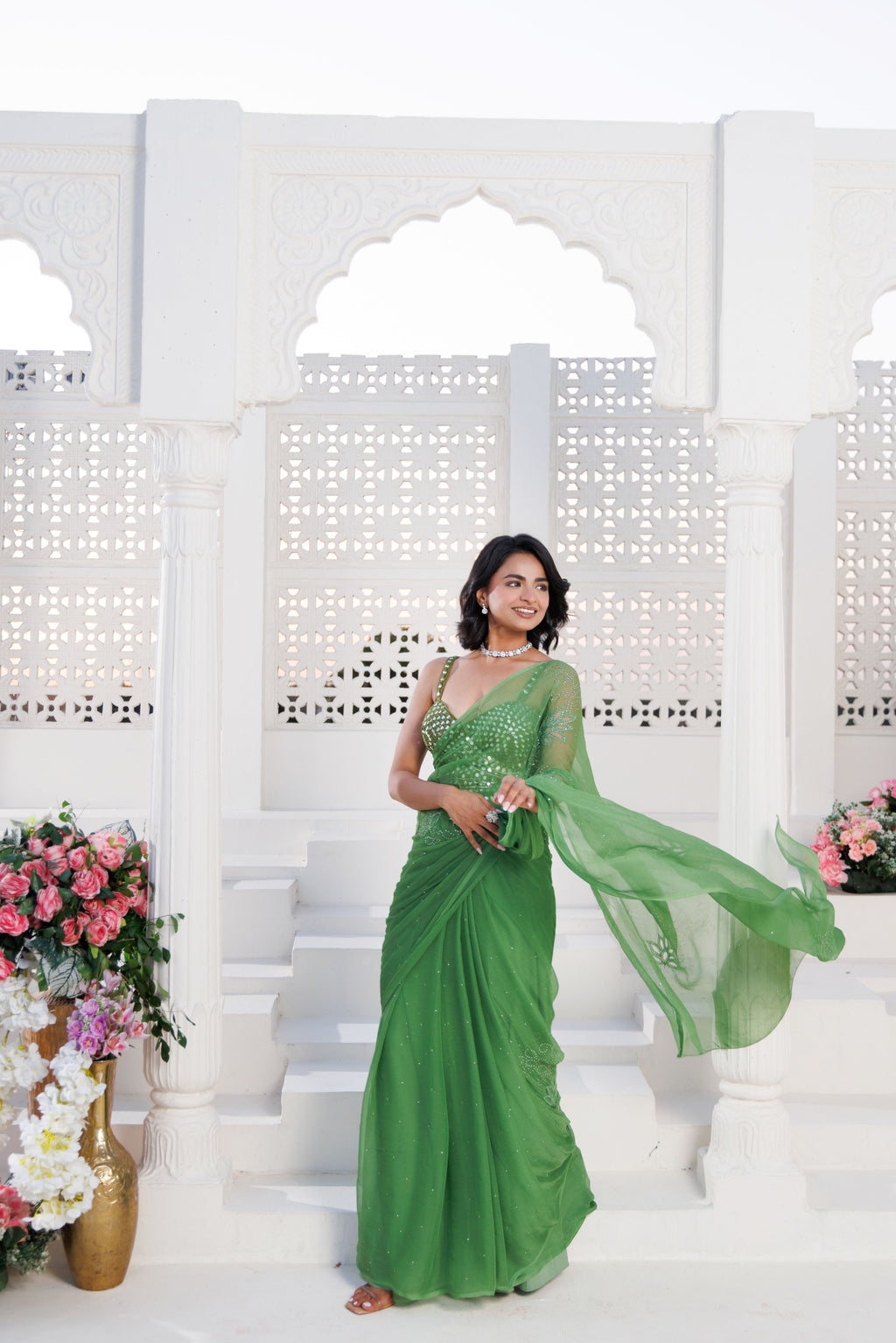 Green Net-Patch Chiffon Saree