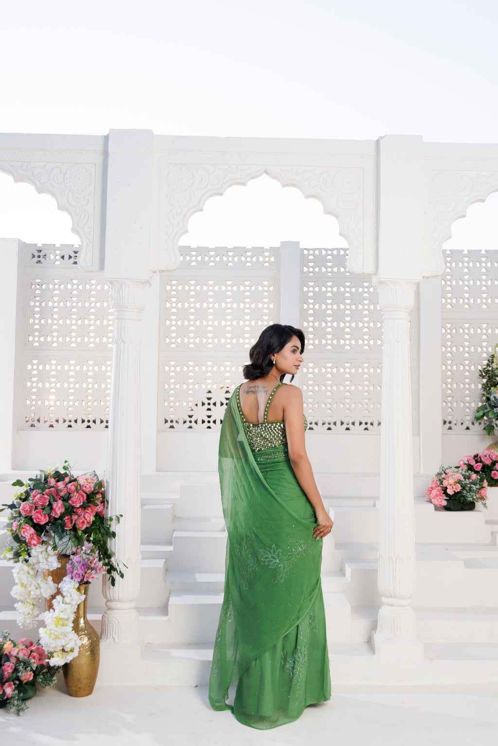 Green Net-Patch Chiffon Saree