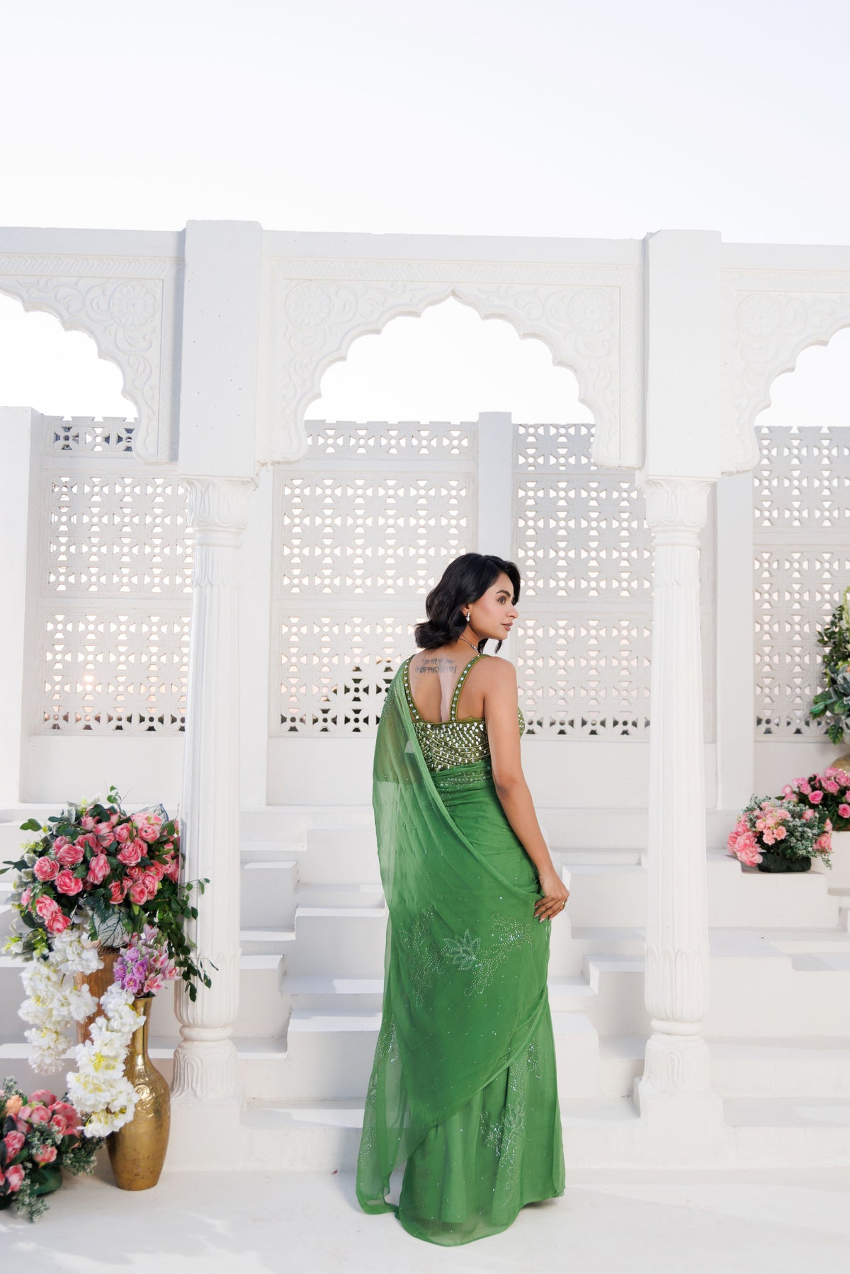 Green Net-Patch Chiffon Saree