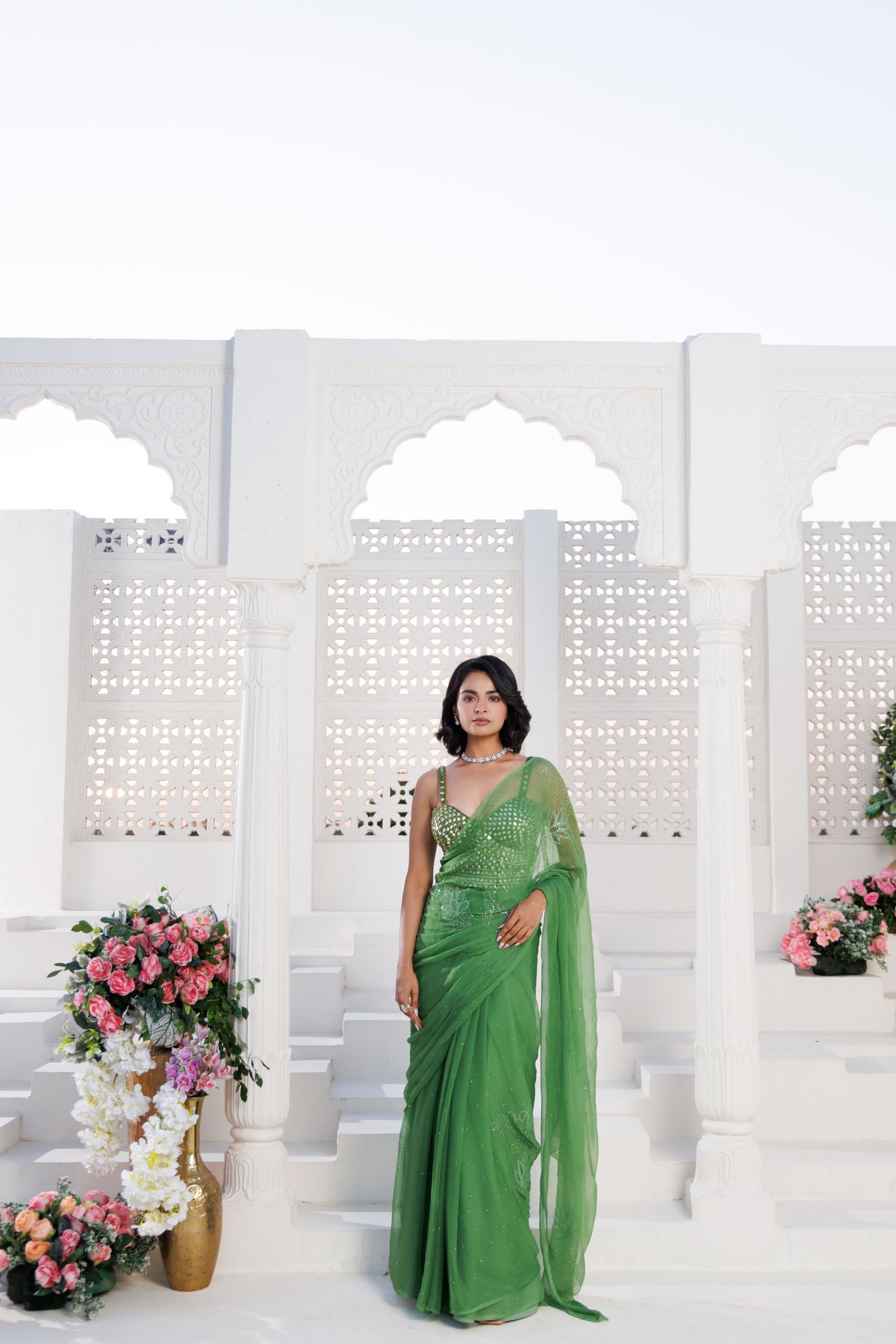 Green Net-Patch Chiffon Saree