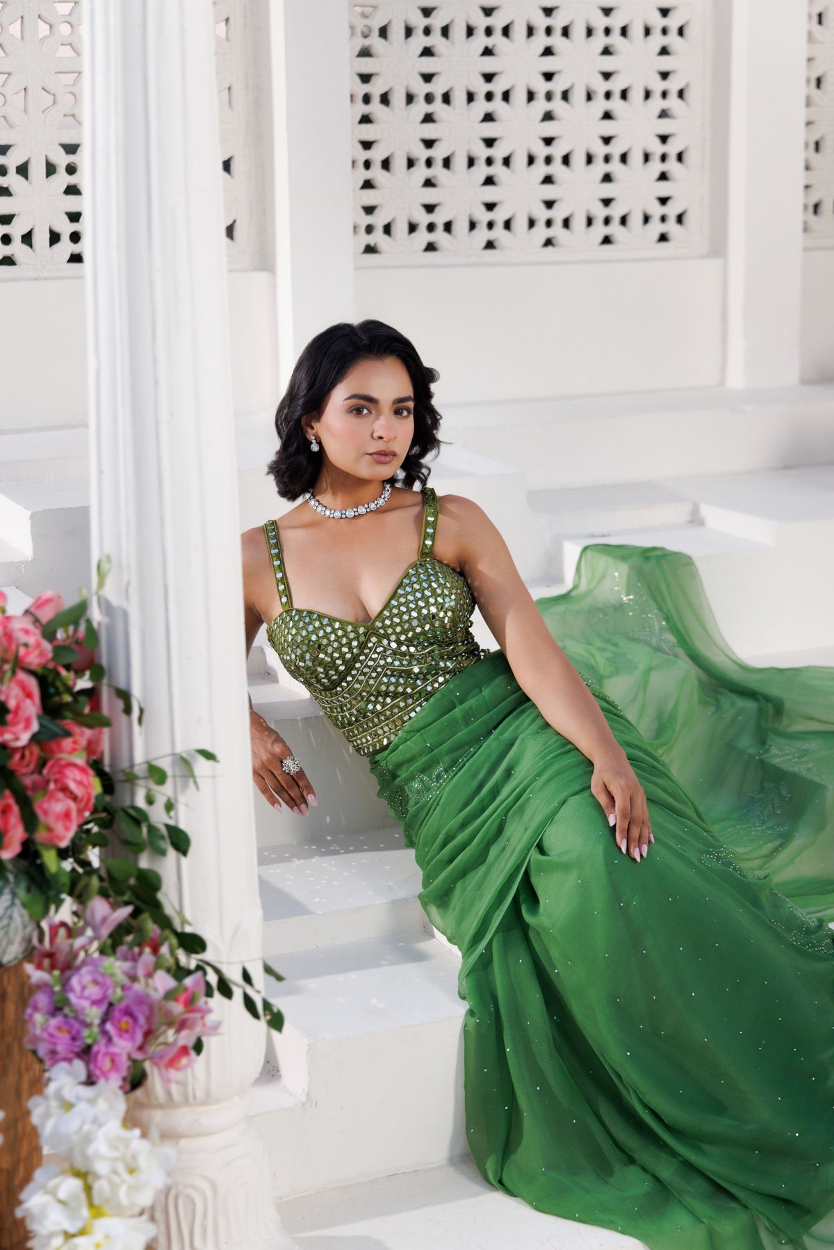 Green Net-Patch Chiffon Saree
