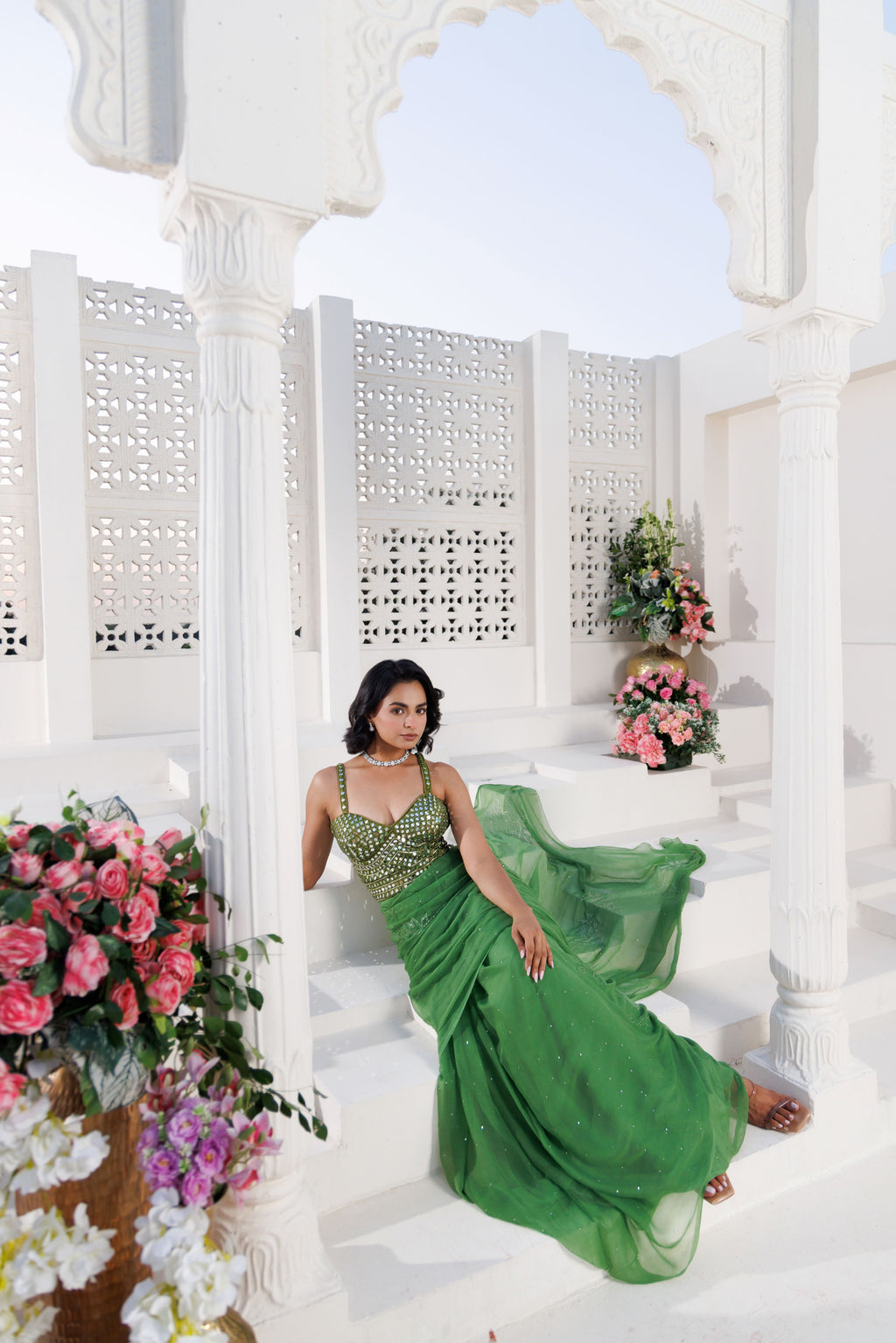 Green Net-Patch Chiffon Saree
