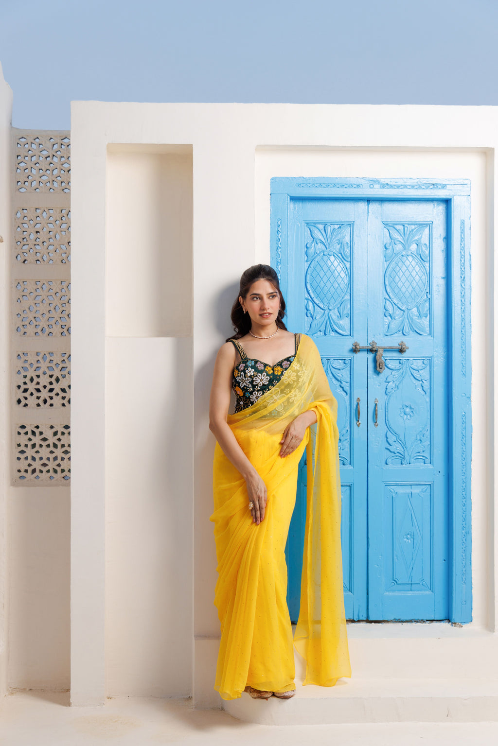 Yellow Chiffon Mukaish Saree