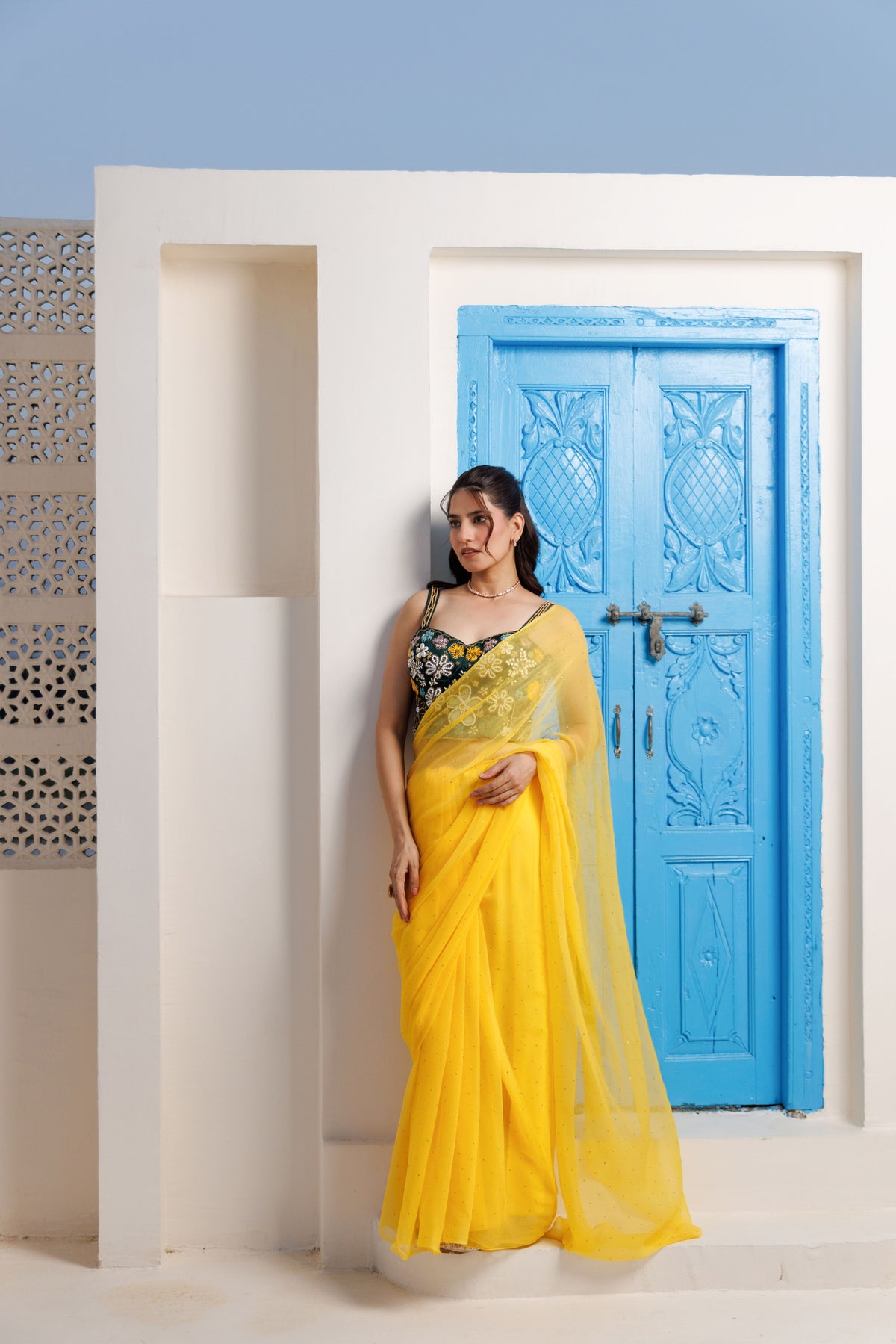 Yellow Chiffon Mukaish Saree