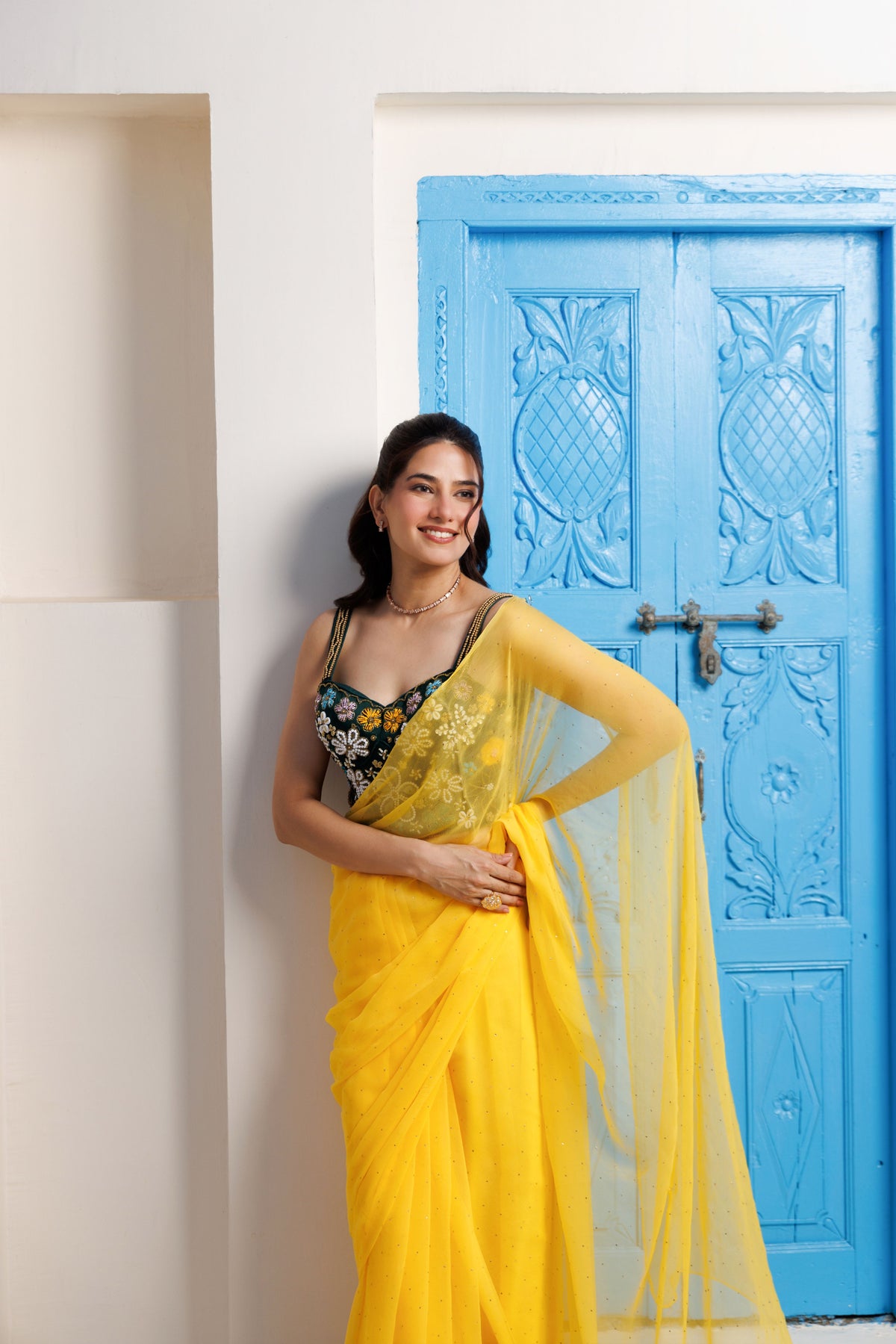 Yellow Chiffon Mukaish Saree
