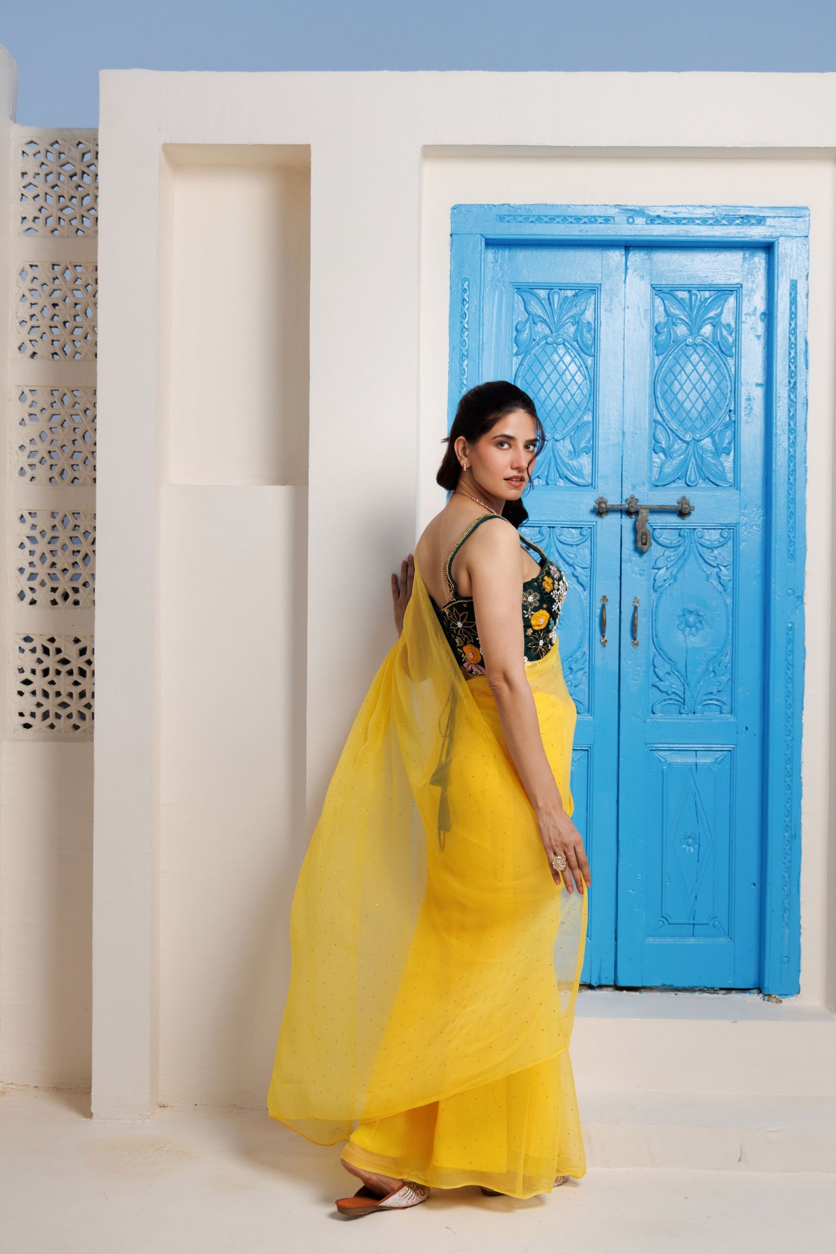 Yellow Chiffon Mukaish Saree