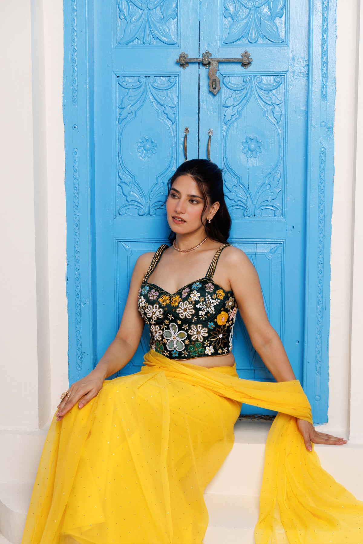 Yellow Chiffon Mukaish Saree