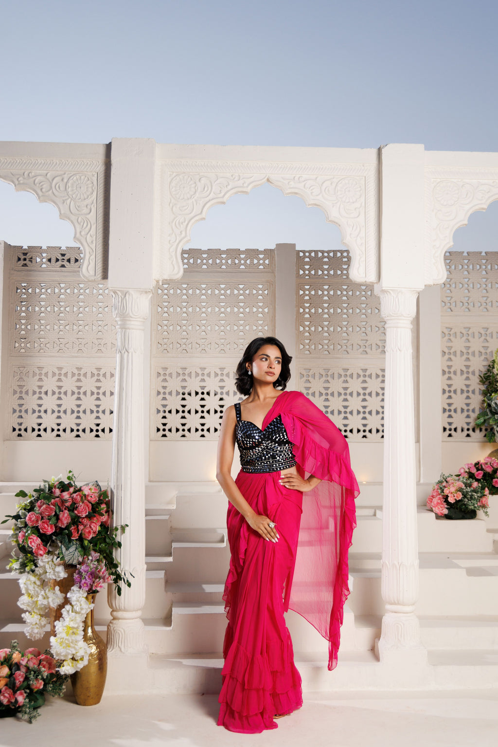 Pink Flowy Ruffle Chiffon Saree