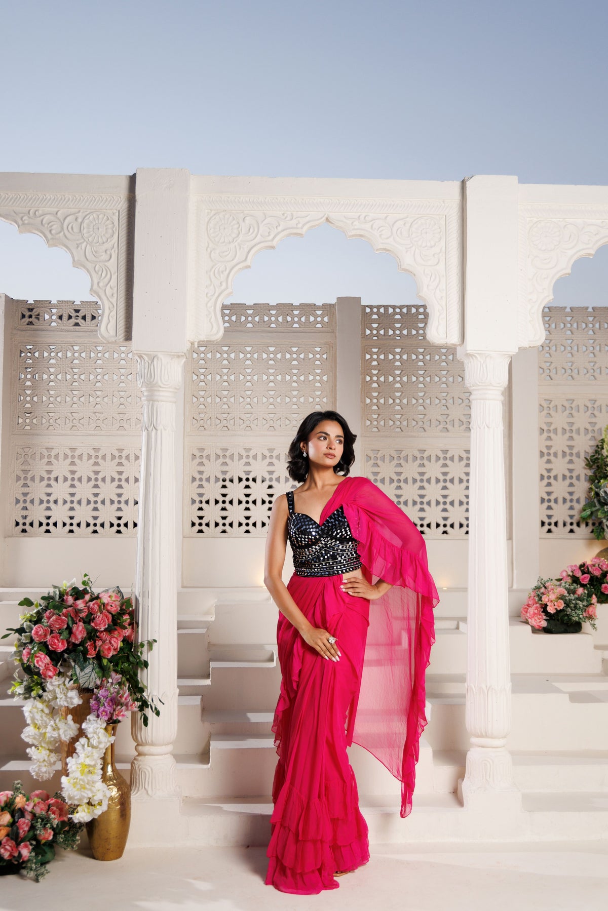 Pink Flowy Ruffle Chiffon Saree