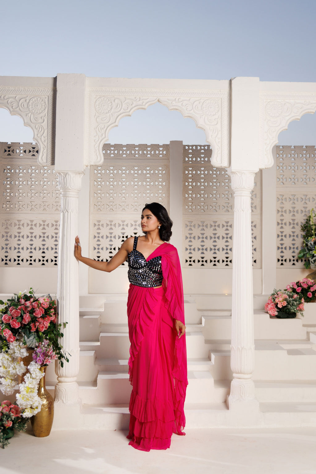Pink Flowy Ruffle Chiffon Saree