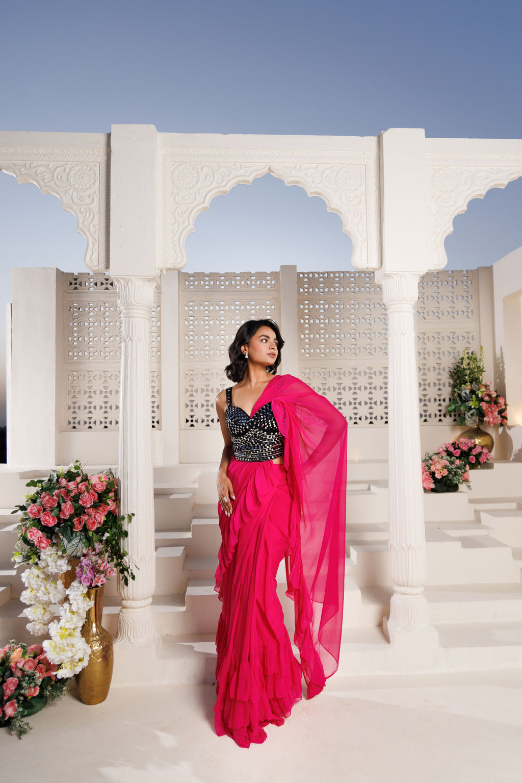 Pink Flowy Ruffle Chiffon Saree